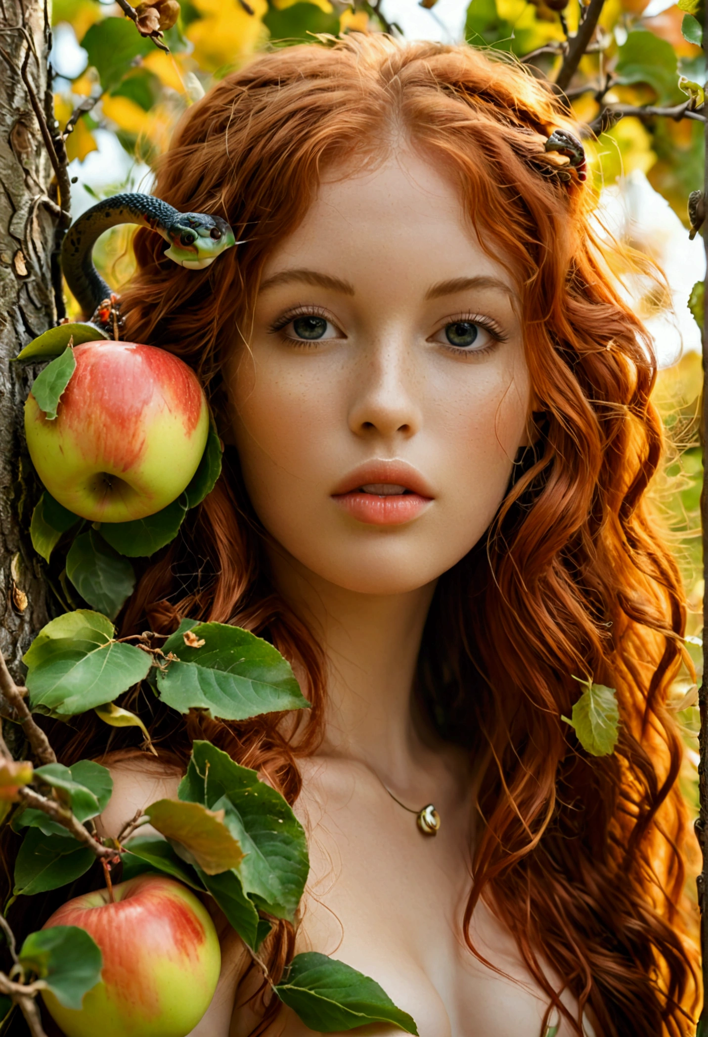 ultra realistic, photography, long red hair, girl, 24 years old, hourglass figure, perfect body, Flirty look, natural breasts, blur background, in paradise, nude but covered with leaves, holding an apple in her hand, near an apple tree, a snake comes out of the tree, full body (full body) (wide angle)