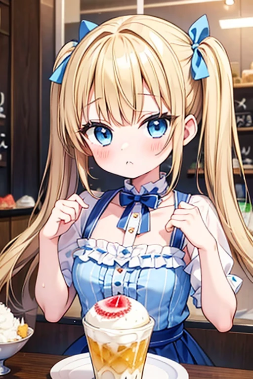 Blonde with blue eyes、Lolita、Small breasts、Twin tails、Girl Brat,Eating a large shaved ice,