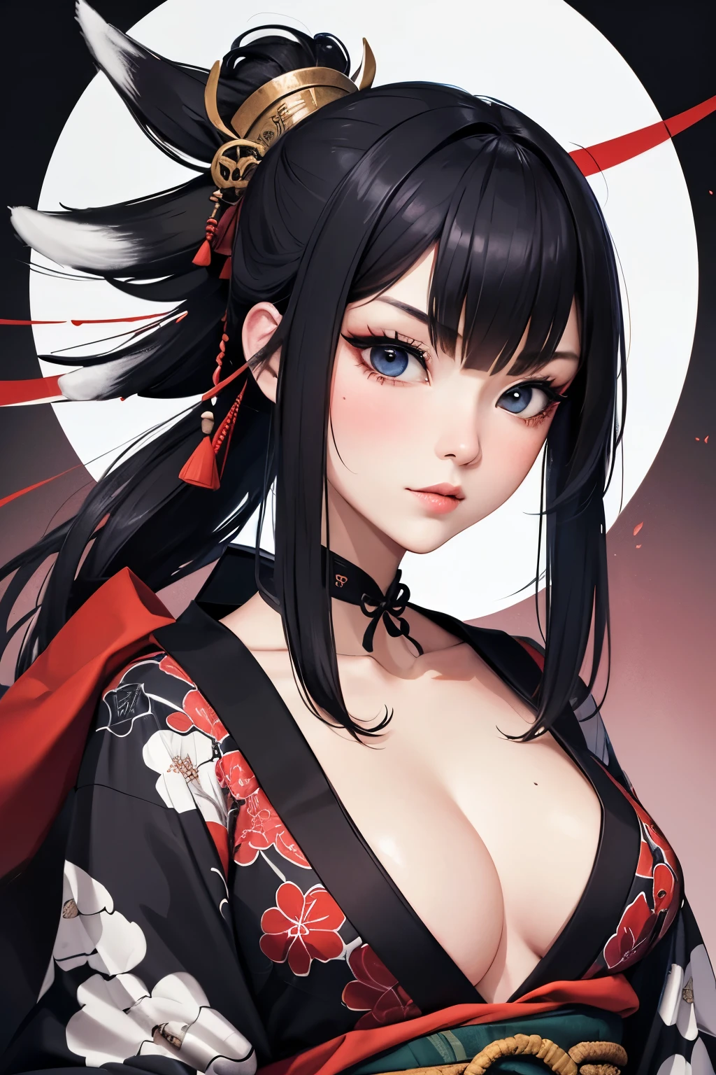 Wait, Warrior Sexy, Pretty face, Delicious company, A captivating sight, Wearing a sexy open kimono. The work is created in a medium reminiscent of Japanese ink painting.。....., Features bold brushstrokes and a Monochromatic color palette. Artist'Stunning technique gives the image strength and power'Presence,Highest quality, Ultra-high resolution captures every detail. The texture and intricate patterns of the kimono are expressed with extreme precision.. Lighting is carefully designed,Enhance the drama, Deep shadows and subtle highlights. general, This piece exudes elegance and strength., Combining traditional Japanese aesthetics with a modern sensibility. Monochromatic color palette, Putting the details together, Captivate viewers、Create an immersive experience.