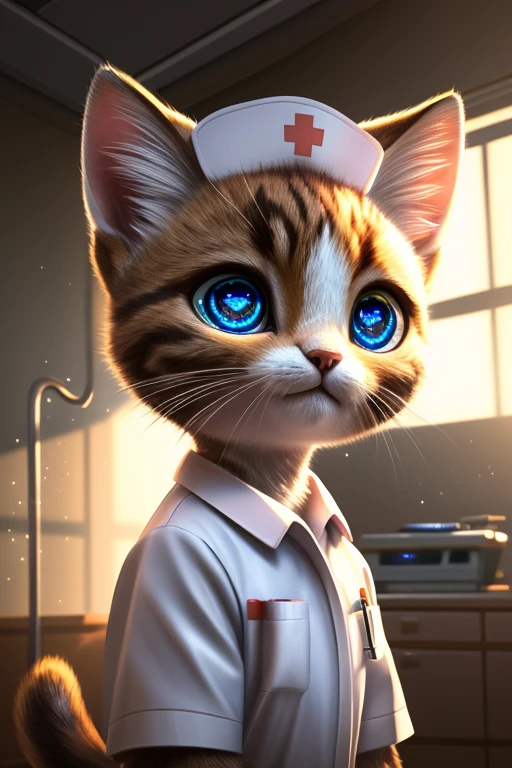 (Highest quality、masterpiece、8k))、Anatomically correct、Very detailed、High resolution、Realistic、((Beautiful, sparkling, detailed eyes))、Intricate details、Cinematic lighting、((Dynamic composition))、Nurse Kitten、Big head、Hospital room,We will measure your temperature