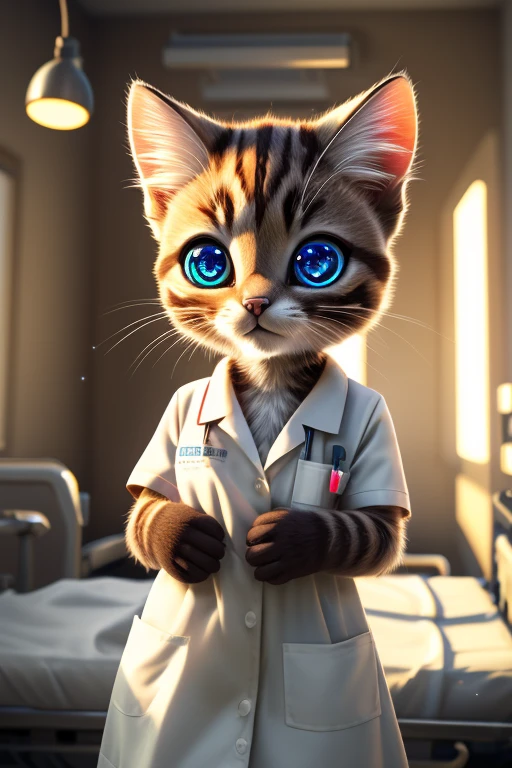 (Highest quality、masterpiece、8k))、Anatomically correct、Very detailed、High resolution、Realistic、((Beautiful, sparkling, detailed eyes))、Intricate details、Cinematic lighting、((Dynamic composition))、Nurse Kitten、Big head、Hospital room,We will measure your temperature