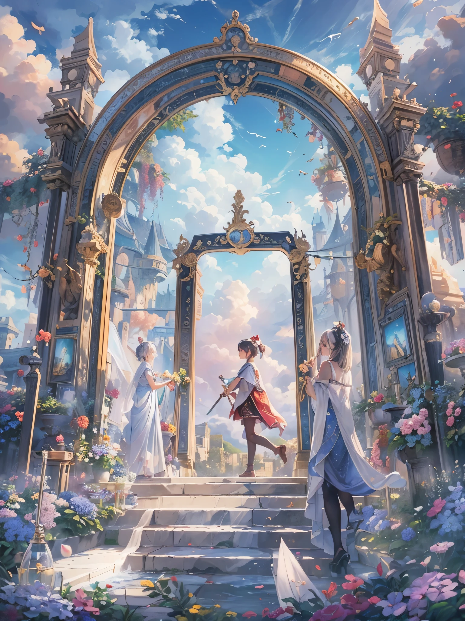 ((Highest quality)),(Ultra-high resolution),(Super detailed),(Detailed Description),((The best CG)),(masterpiece),Highly detailed art,(Art with precise detail:1.5), The End of the Far Sky:1.5, The gate to another world is unlocked:1.3, A symphony plays, Endless Time:1.4, dream:1.6,