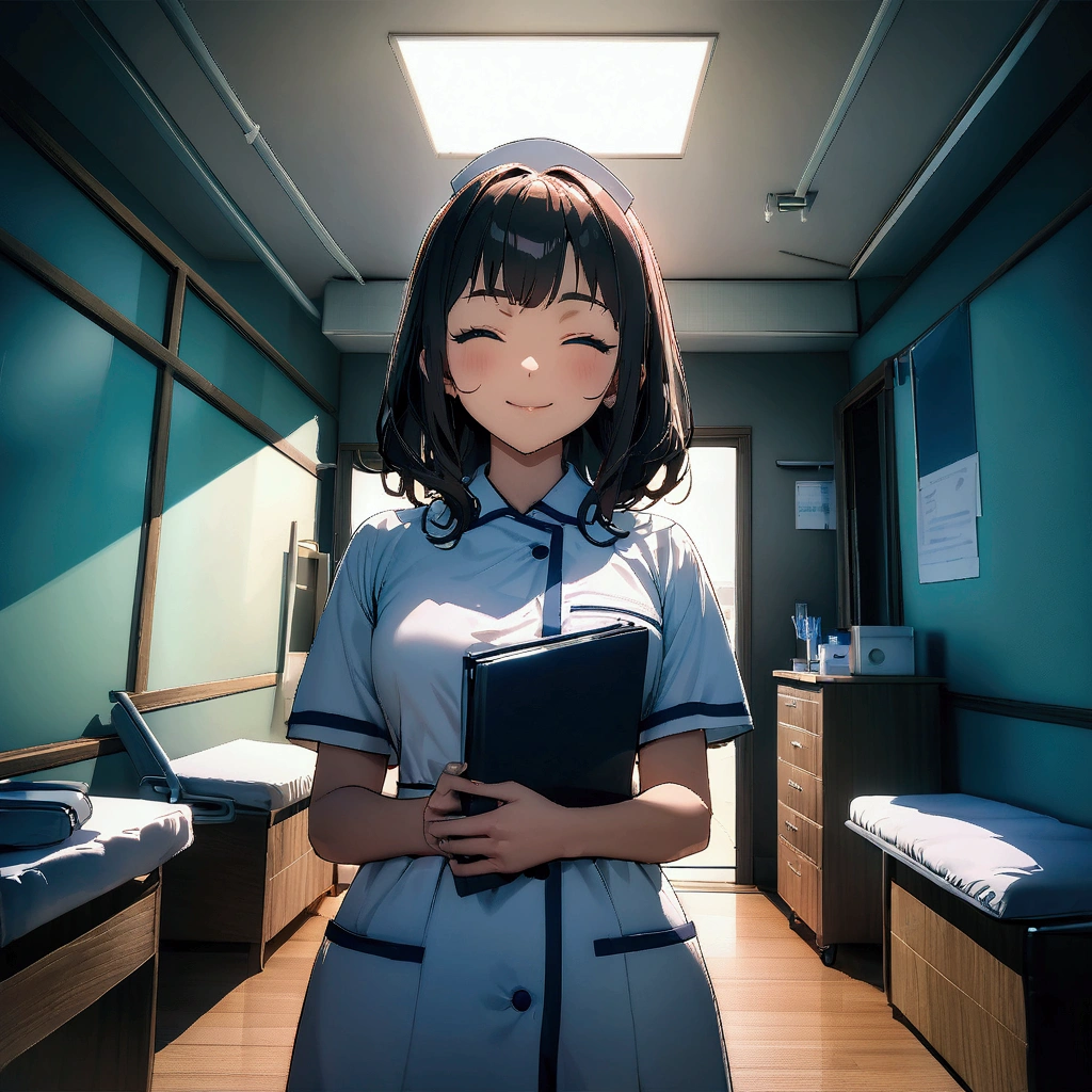 Masterpiece:1.2,Highest quality,8k,official art,examination room,day,1girl,japanese,teenager,nurse,standing,holding files,smile,mouth closed,cinematic lighting,looking at viewer, dynamic angle,1girl,middle aged woman,doctor,