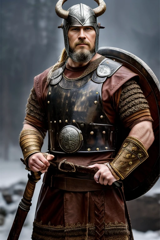 Front view, Viking Warlord,11th century, looking at the camera, Swedish middle age, 40-year-old man、 (Highly detailed face, Ordinary eyes, Golden Hair), (Muscular body), (viking costume, Leather Armor, Knitwear, Clothes), (((Iron Viking helmet with horns))), (Carrying a round wooden shield and a battle axe), Standing pose, Nordic Beaches ,masterpiece, Highest quality, masterpiece, God-like quality, Sacred art, , Very realistic , Dark and foggy、The setting is a snowstorm, 