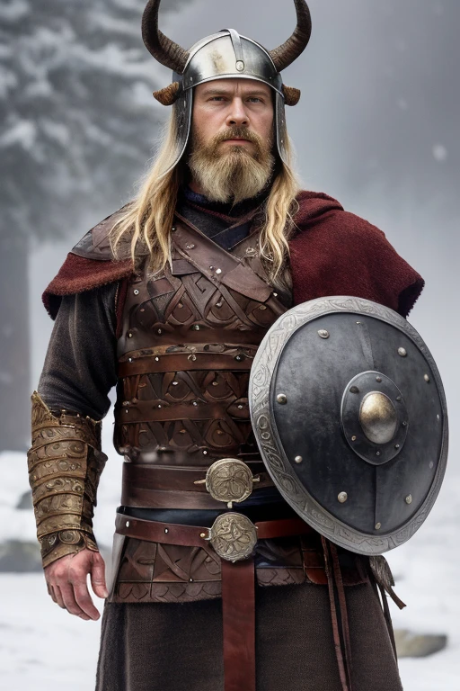 Front view, Viking Warlord,11th century, looking at the camera, Swedish middle age, 40-year-old man、 (Highly detailed face, Ordinary eyes, Golden Hair), (Muscular body), (viking costume, Leather Armor, Knitwear, Clothes), (((Iron Viking helmet with horns))), (Carrying a round wooden shield and a battle axe), Standing pose, Nordic Beaches ,masterpiece, Highest quality, masterpiece, God-like quality, Sacred art, , Very realistic , Dark and foggy、The setting is a snowstorm,