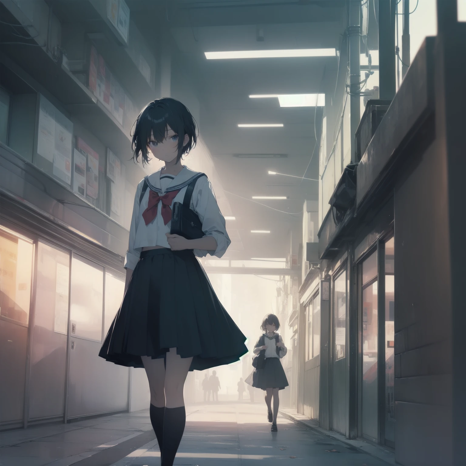 ultra-absurdres-Top quality by artist God, ultra-detailed, high resolution, anime moe artstyle, best anime 8k konachan wallpaper, pixiv contest winner, pool:2810, perfect anatomy,break, 1girl, (Please draw a girl walking sleepily to school alone. )break,(Solo,little female, 13-year-old:1.3),Full limbs, complete fingers,a junior high school student, (very short hair), short cut, flat chest, , small butt, small black eyes, beautiful detailed eyes, well-proportioned iris and pupils, expressive eyes, highres detailed hair, soft expression, salor school_uniform, sailor collar, serahuku, bow, pleated skirt,(Detailed Lighting), (Detailed background), in the School commute route. break,super detailed skin, Best cinematic lighting powered by famous artist, 8k,beauty illustration,photoshop_(medium),very aesthetic,break,((artist:zen_(kamuro) )), artist:clamp ,artist:carnelian ,artist:kantoku ,
