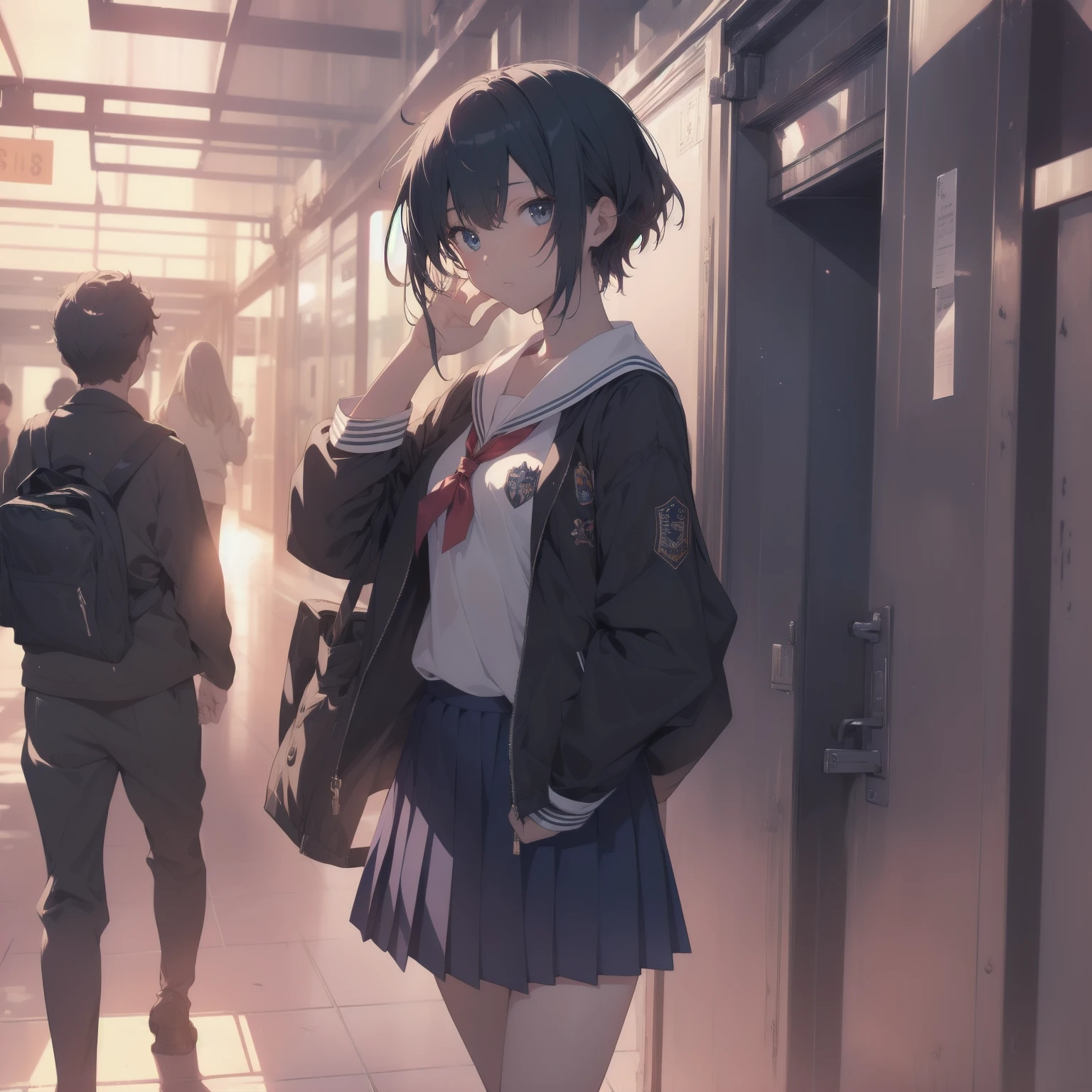 ultra-absurdres-Top quality by artist God, ultra-detailed, high resolution, anime moe artstyle, best anime 8k konachan wallpaper, pixiv contest winner, pool:2810, perfect anatomy,break, 1girl, (Please draw a girl walking sleepily to school alone. )break,(Solo,little female, 13-year-old:1.3),Full limbs, complete fingers,a junior high school student, (very short hair), short cut, flat chest, , small butt, small black eyes, beautiful detailed eyes, well-proportioned iris and pupils, expressive eyes, highres detailed hair, soft expression, salor school_uniform, sailor collar, serahuku, bow, pleated skirt,(Detailed Lighting), (Detailed background), in the School commute route. break,super detailed skin, Best cinematic lighting powered by famous artist, 8k,beauty illustration,photoshop_(medium),very aesthetic,break,((artist:zen_(kamuro) )), artist:clamp ,artist:carnelian ,artist:kantoku ,