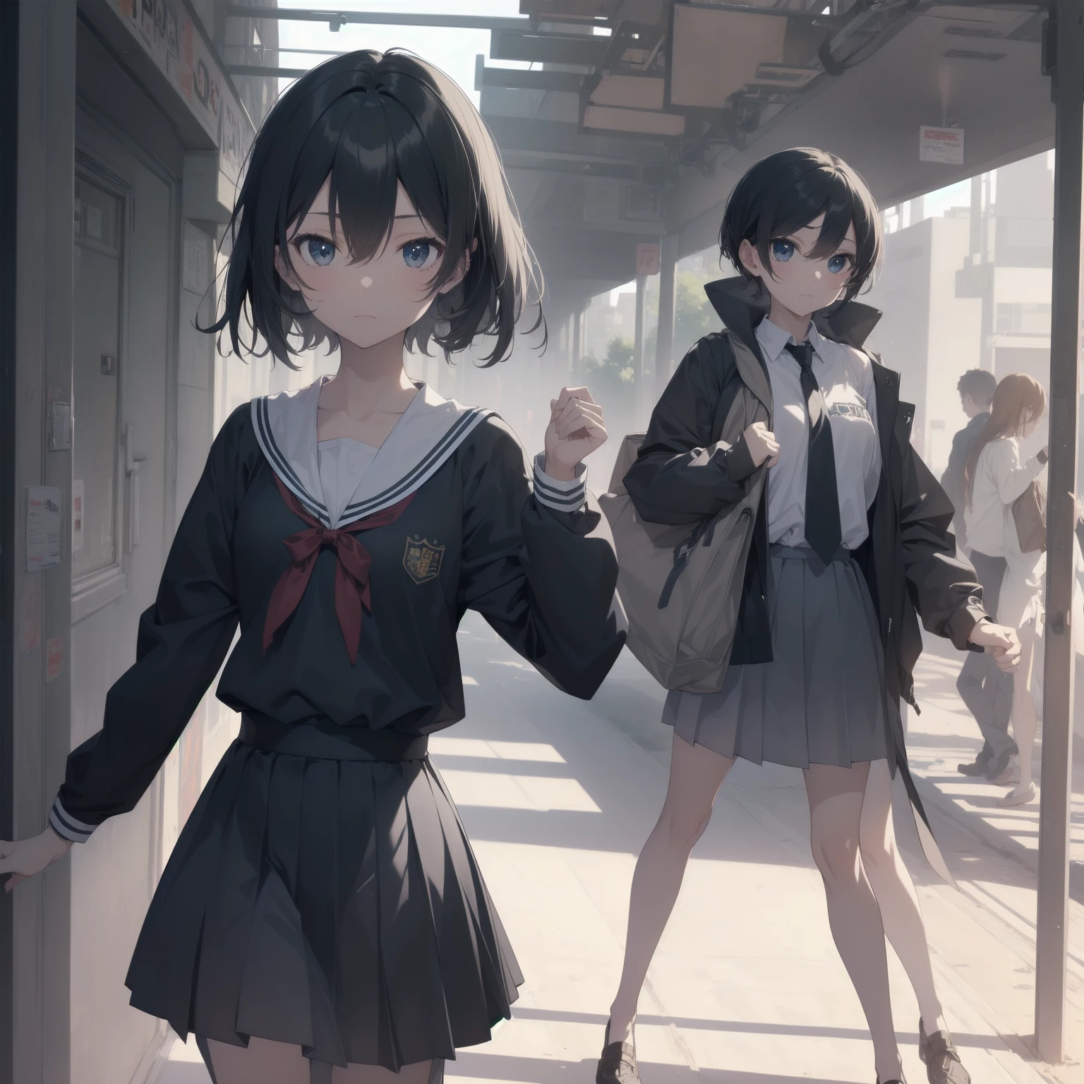 ultra-absurdres-Top quality by artist God, ultra-detailed, high resolution, anime moe artstyle, best anime 8k konachan wallpaper, pixiv contest winner, pool:2810, perfect anatomy,break, 1girl, (Please draw a girl walking sleepily to school alone. )break,(Solo,little female, 13-year-old:1.3),Full limbs, complete fingers,a junior high school student, (very short hair), short cut, flat chest, , small butt, small black eyes, beautiful detailed eyes, well-proportioned iris and pupils, expressive eyes, highres detailed hair, soft expression, salor school_uniform, sailor collar, serahuku, bow, pleated skirt,(Detailed Lighting), (Detailed background), in the School commute route. break,super detailed skin, Best cinematic lighting powered by famous artist, 8k,beauty illustration,photoshop_(medium),very aesthetic,break,((artist:zen_(kamuro) )), artist:clamp ,artist:carnelian ,artist:kantoku ,
