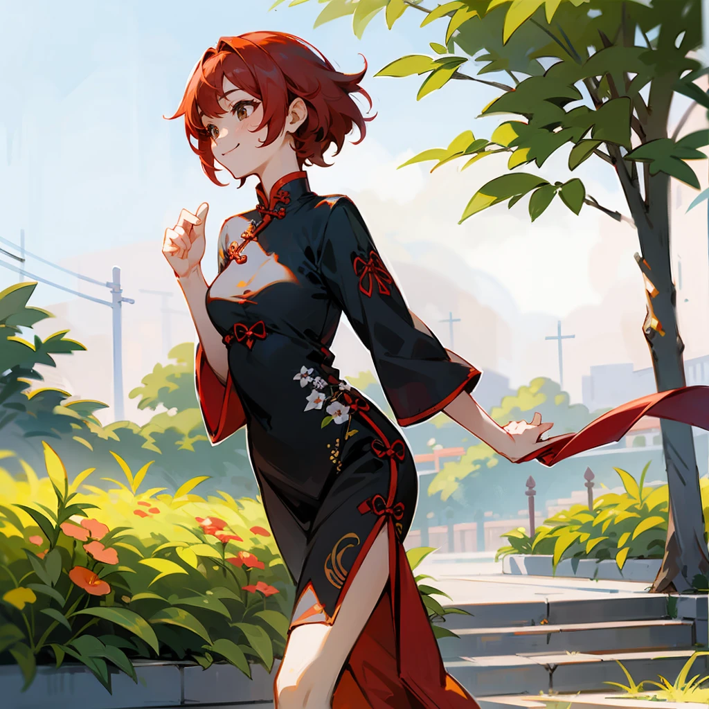 1female, Red Hair, Yellow Cheongsam, Shaggy Hair, White Flats, Traditional Chinese Dress, Brown Eyes, Smiling, Slim, Guide, Adult Female, Garden, Walking among the Flowers