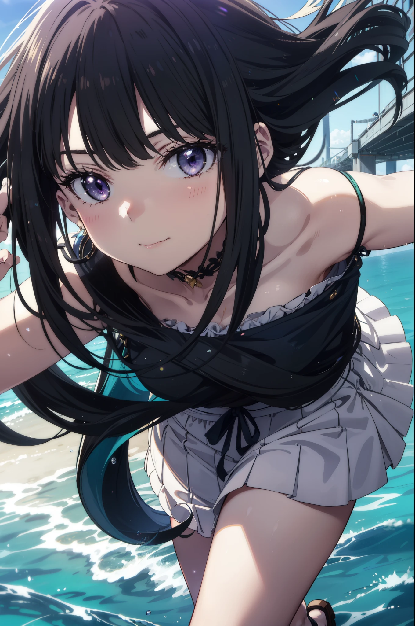 Takiuchikami, Long Hair, bangs, Black Hair, (Purple eyes:1.2),Blue off-shoulder dress,Long skirt,Heeled Sandals,Daytime,sunny,Palm tree,Walking,smile,Shut your mouth.,blush,whole bodyがイラストに入るように,
break outdoors, tropical,Coastal Road,
break looking at viewer, whole body,
break (masterpiece:1.2), Highest quality, High resolution, unity 8k wallpaper, (shape:0.8), (Beautiful attention to detail:1.6), Highly detailed face, Perfect lighting, Extremely detailed CG, (Perfect hands, Perfect Anatomy),