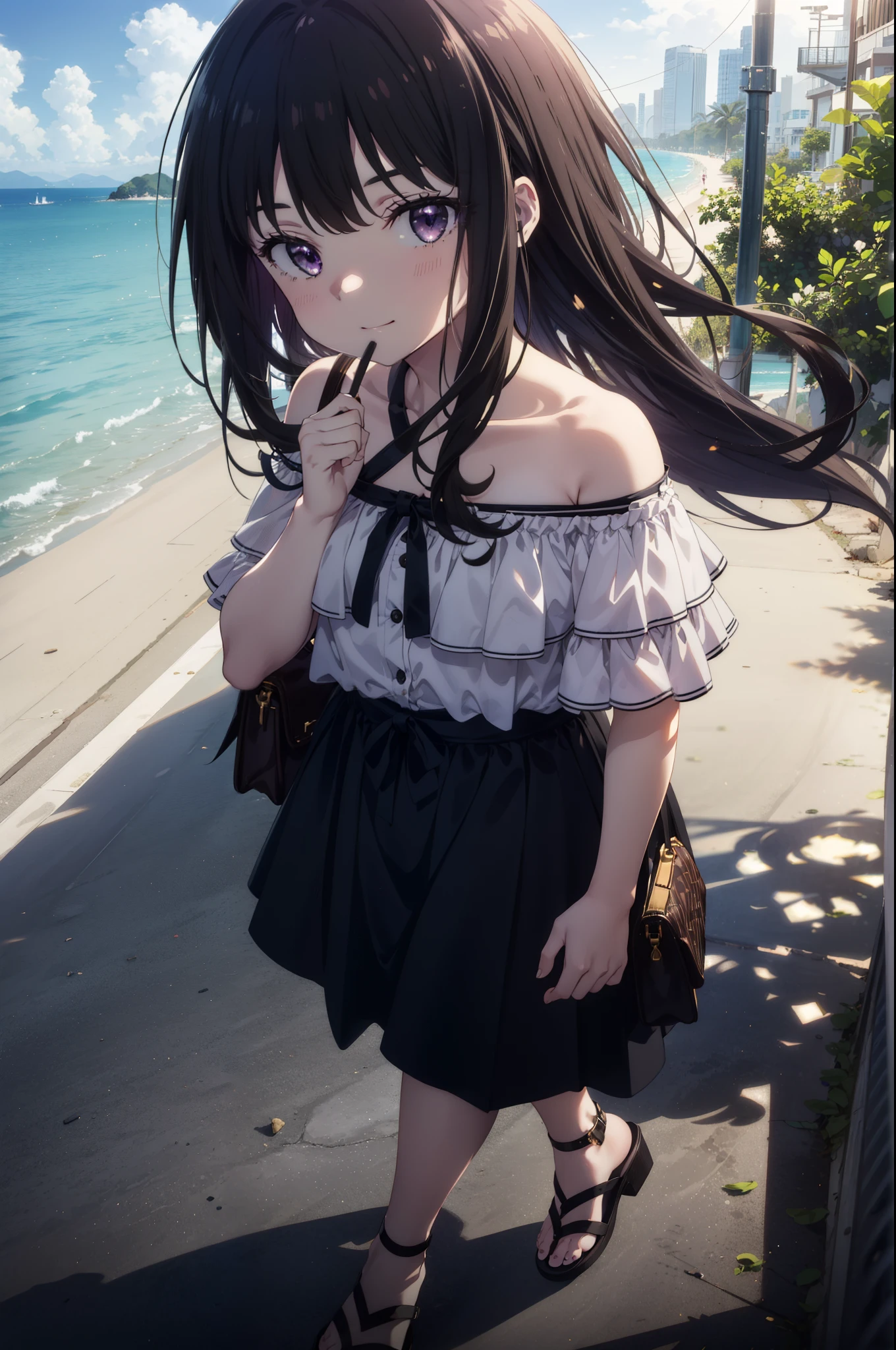 Takiuchikami, Long Hair, bangs, Black Hair, (Purple eyes:1.2),Blue off-shoulder dress,Long skirt,Heeled Sandals,Daytime,sunny,Palm tree,Walking,smile,Shut your mouth.,blush,whole bodyがイラストに入るように,
break outdoors, tropical,Coastal Road,
break looking at viewer, whole body,
break (masterpiece:1.2), Highest quality, High resolution, unity 8k wallpaper, (shape:0.8), (Beautiful attention to detail:1.6), Highly detailed face, Perfect lighting, Extremely detailed CG, (Perfect hands, Perfect Anatomy),