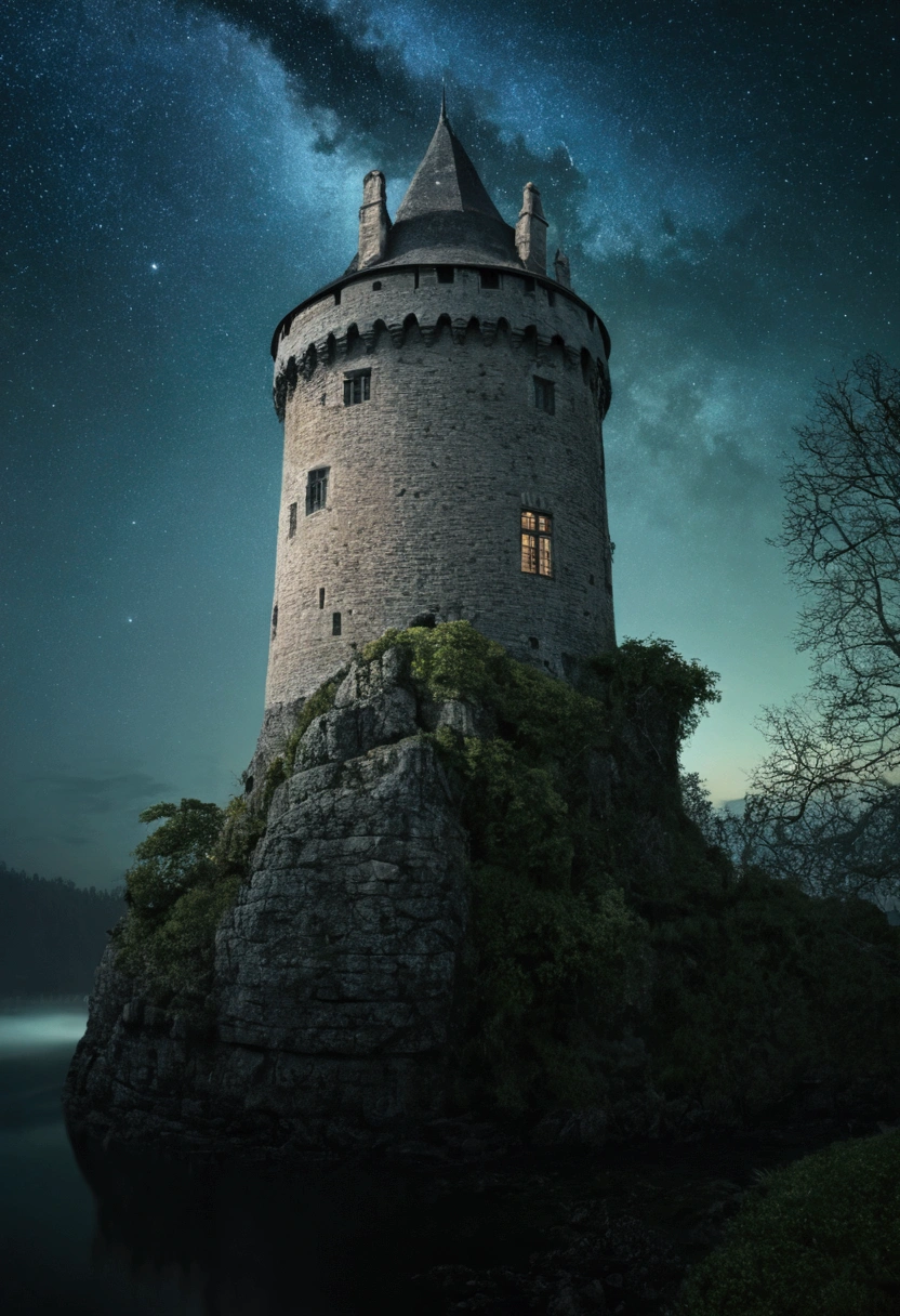 An island in the center at the edges a dark forest in the center a castle in the Dark fantasy style, night, stars, everything is gloomy