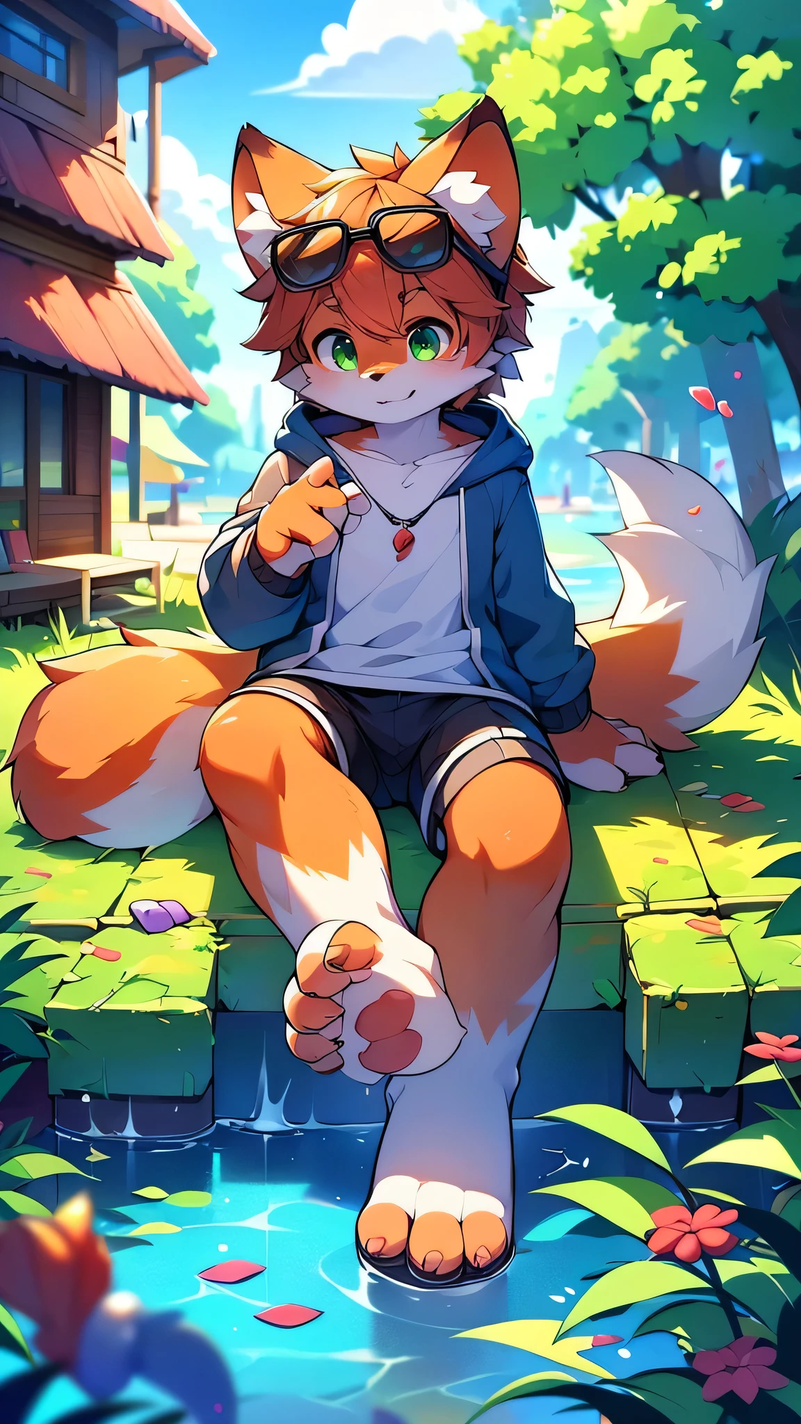Furry,Fox,boy,8k resolution,最High resolution,                   High resolution,Wearing a hoodie,Green Eyes,summer,sit,Two legs,Five fingers of the hand,5 toes,expensive,：expensive stature,fit,Moderate,standard,(Candy Street: 1.1)Detailed Background 1 person,Hairy,Very detailed:1.0,broken,Ocean