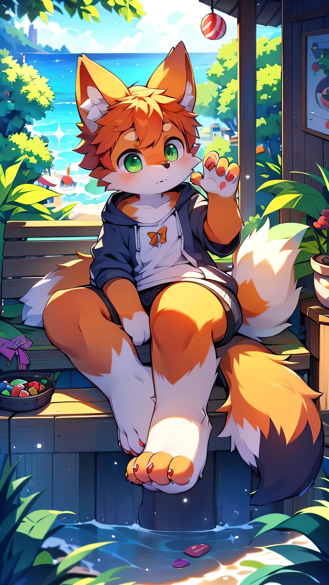 Furry,Fox,boy,8k resolution,最High resolution,                   High resolution,Wearing a hoodie,Green Eyes,summer,sit,Two legs,Five fingers of the hand,5 toes,expensive,：expensive stature,fit,Moderate,standard,(Candy Street: 1.1)Detailed Background 1 person,Hairy,Very detailed:1.0,broken,Ocean