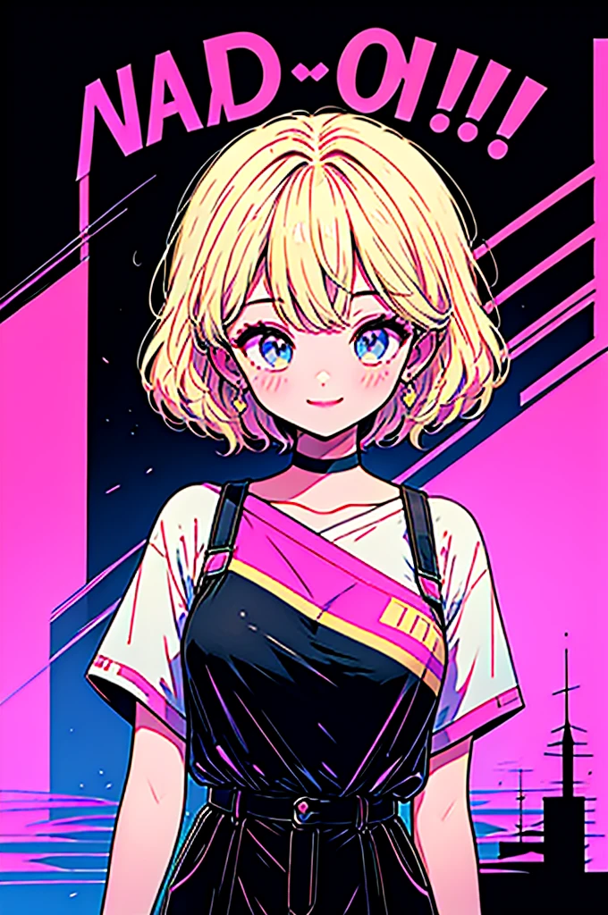 Highest quality,smile,woman,woman1人,cute,Short Bob,Blonde,Light blue eyes, Black T-shirt,Black shorts,Earrings,Black choker, Pink background,