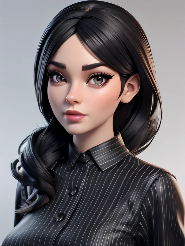 Hyperrealistic 3D Animation Beautiful woman, wearing black and white striped clothes, 3D animation, Realistic-Cartoon-Style-3D-Caricature