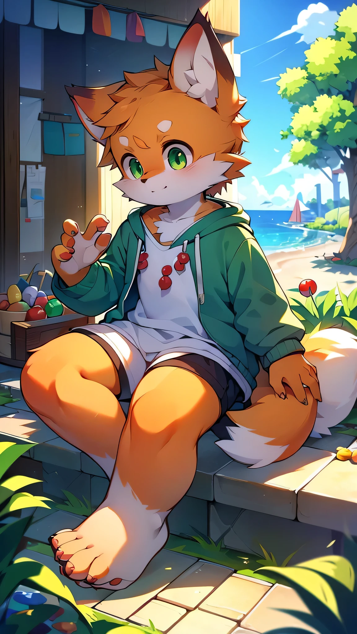 Furry,Fox,boy,8k resolution,最High resolution, High resolution,Wearing a hoodie,Green Eyes,summer,sit,Two legs,Five fingers of the hand,5 toes,expensive,:expensive stature,fit,Moderate,standard,(Candy Street: 1.1)Detailed Background 1 person,Hairy,Very detailed:1.0,broken,Ocean