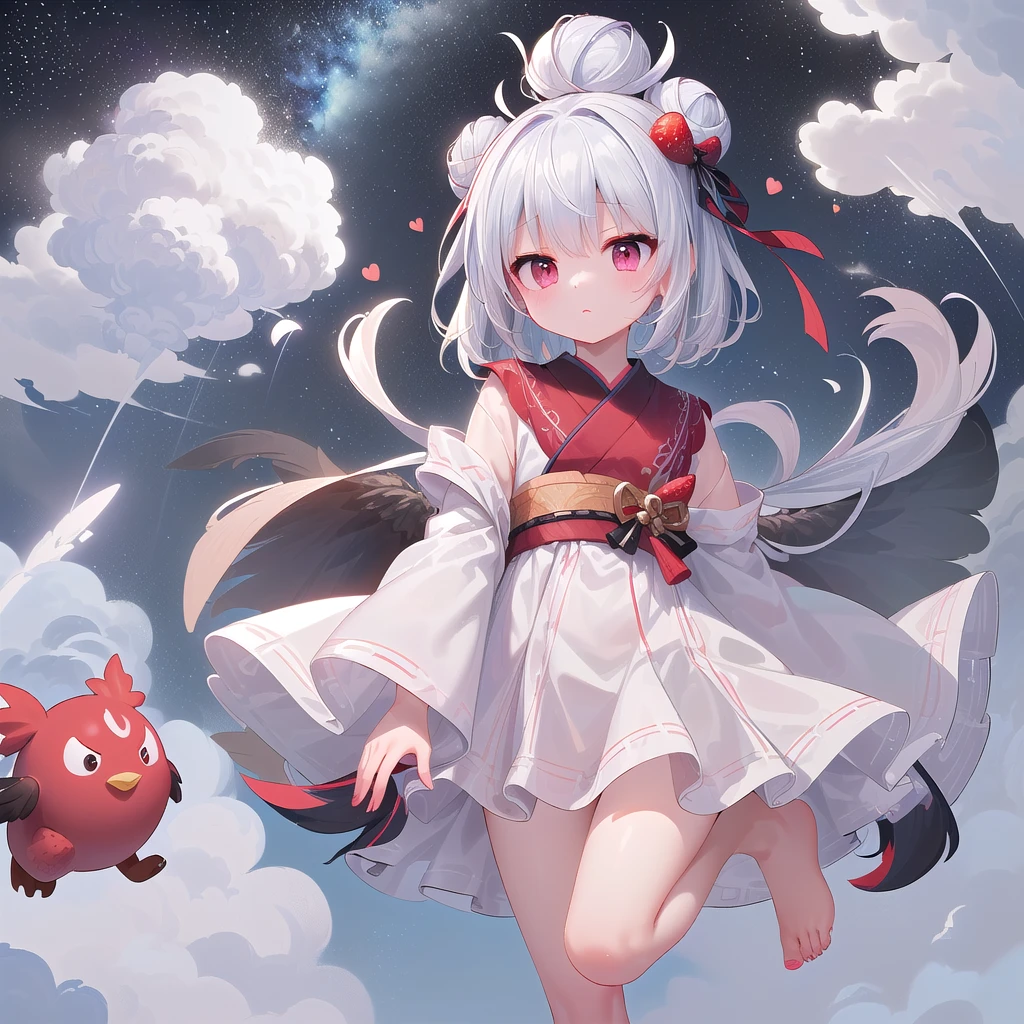 ((Little, Miniature, Genuine, strawberry, 3DCG, 1 girl: 1.3)), (masterpiece, Almond-shaped eyes, Shiny white-blue hair, Short bun hairstyle, Highest quality, Carefully drawn fingertips and toes, Warm clothes, Smooth and beautiful skin: 1.3), (Red cheeks, Fluffy clothes, Indifference, Expressionless,whole body,: 1.2), (In Little Tengu's daily life, He is enjoying the view as he flies through the sky on his tiny wings.. One of them soars high into the sky、Flying through the clouds. The other Little Tengu are having fun creating tornadoes in the wind. The vastness of the sky々Add color to your life.:1.2),(Little天狗の羽,night:1.3)