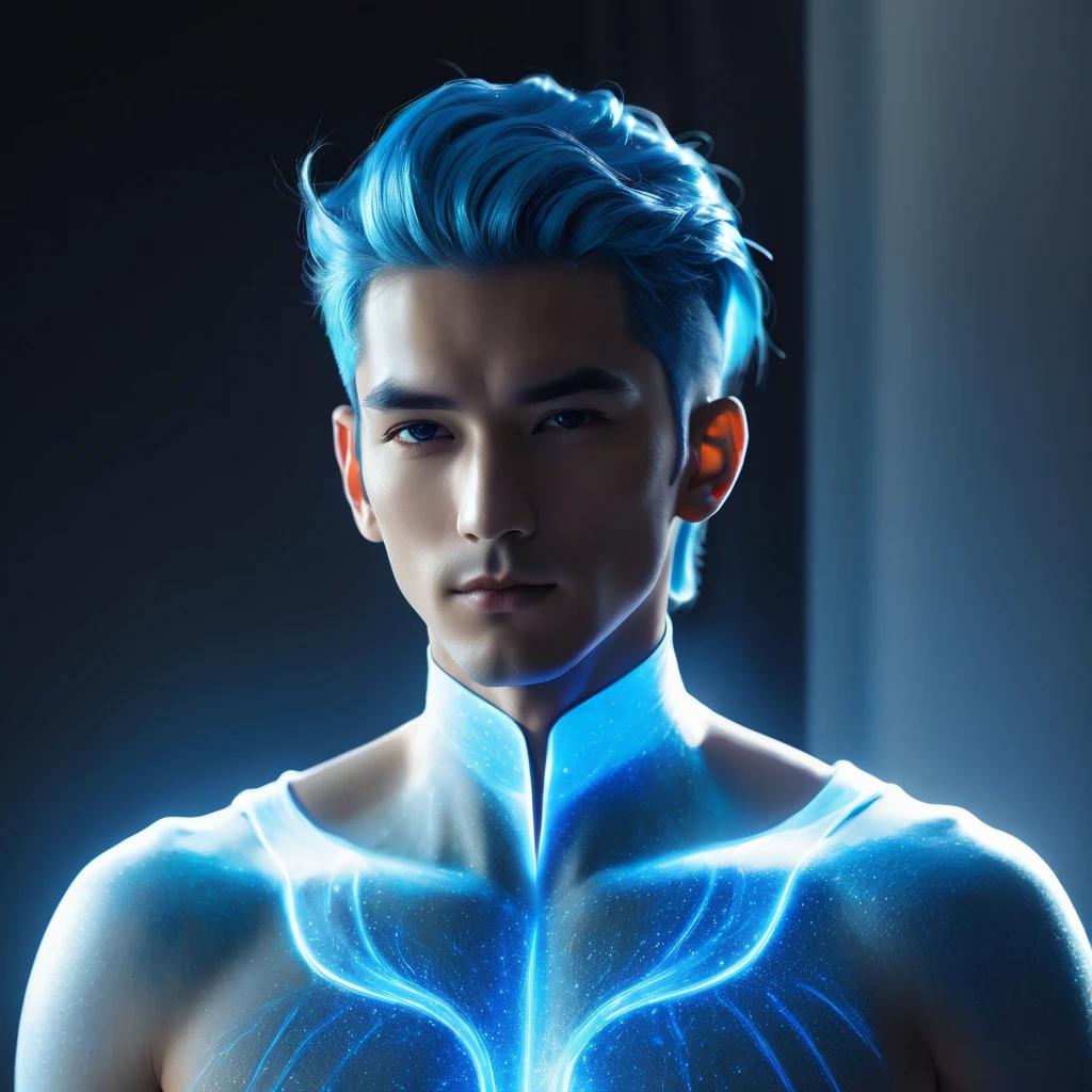 ((jewel_light element)), ( luminous man body_wearing a  blue toxedo groomsmen attire s:1.3), (man made of lightblue light: 1.2,  wavy blue hairstyle with delicate features and light:1.3), (minimalism: 0.5), (Frontal close-up angle above the waist: 1.3), 4K, HDR, acid graphics, fantasy work, [Detailed and vivid faces: 0.33], (white translucent glowing  blue hair: 1.3),,Silhouette outline and glowing in toxedo handsome man, Understated elegance .. A calm and dignified atmosphere provides a subtle sense of luxury... gray smooth texture, stylish pose, fluorescent, glowing tattoo, bioluminescent tattoo, glowing pattern. A man Wearing blue toxedo 