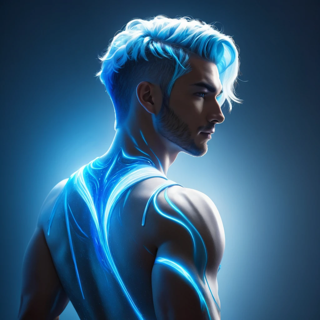 ((jewel_light element)), ( luminous man body_wearing a  blue toxedo groomsmen attire s:1.3), (man made of lightblue light: 1.2,  wavy blue hairstyle with delicate features and light:1.3), (minimalism: 0.5), (Frontal close-up angle above the waist: 1.3), 4K, HDR, acid graphics, fantasy work, [Detailed and vivid faces: 0.33], (white translucent glowing  blue hair: 1.3),,Silhouette outline and glowing in toxedo handsome man, Understated elegance .. A calm and dignified atmosphere provides a subtle sense of luxury... gray smooth texture, stylish pose, fluorescent, glowing tattoo, bioluminescent tattoo, glowing pattern. A man Wearing blue toxedo 