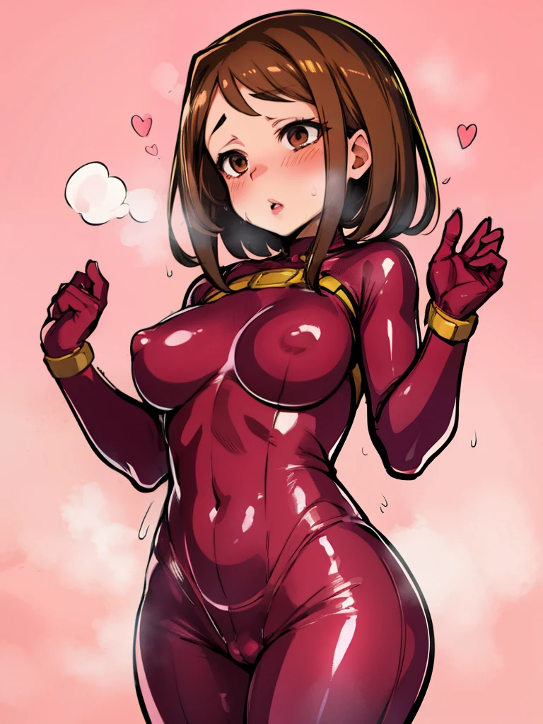 nsfw:1.5,Ochako Uraraka, sorry、I have brown hair., Lewd expression, Bodysuits, Big Lips, outside, Curvy