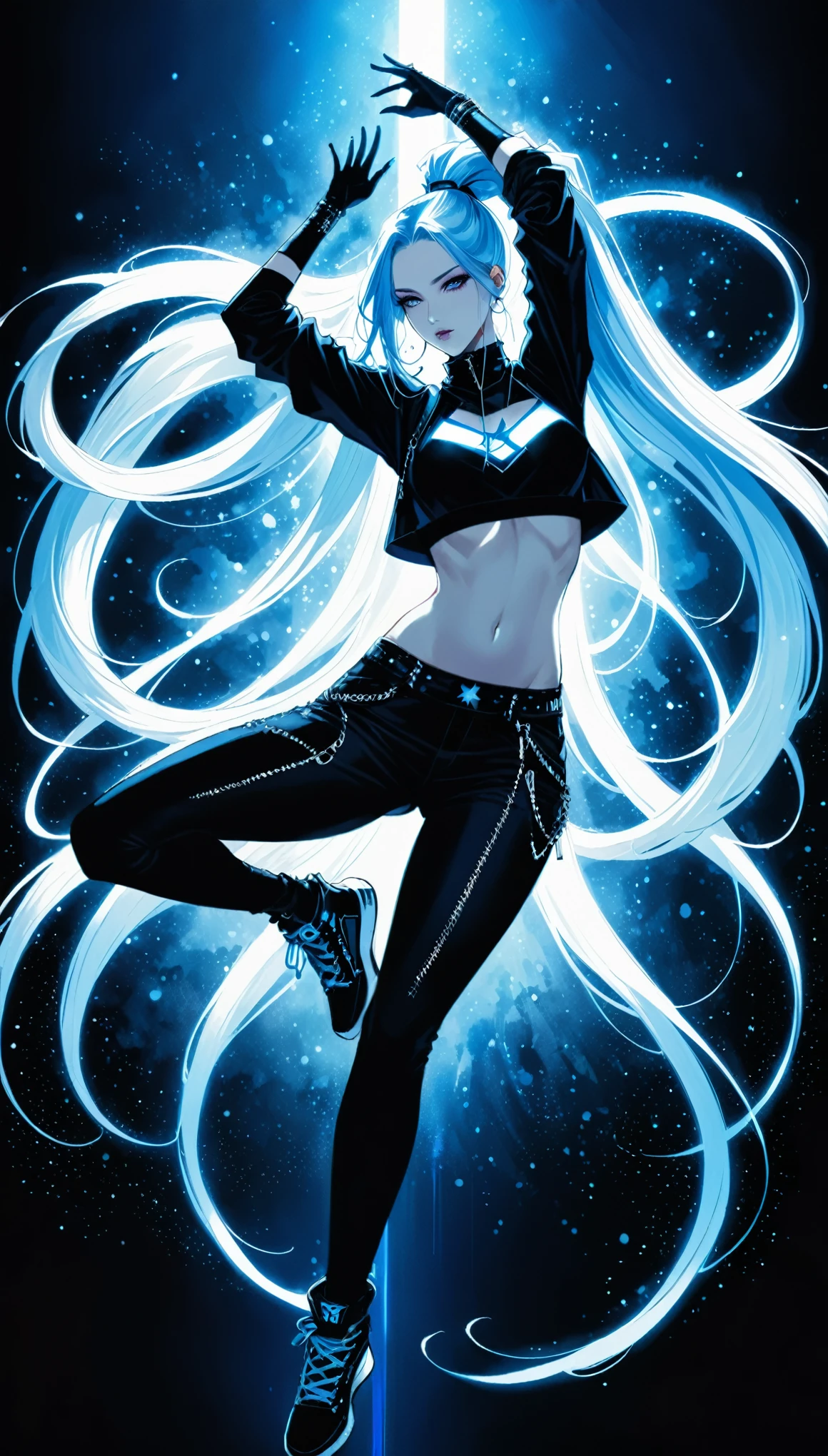 (in style of Harry Clarke:0.4),in style of Santiago Caruso,in style of Mike Azevedo,1girl,y hip-hop style clothing,Dynamic poses,Hip-hop pose,superstar,High Ponytail,Unbelievably long hair,Blue self-luminous,A domhigh-contrast proposition