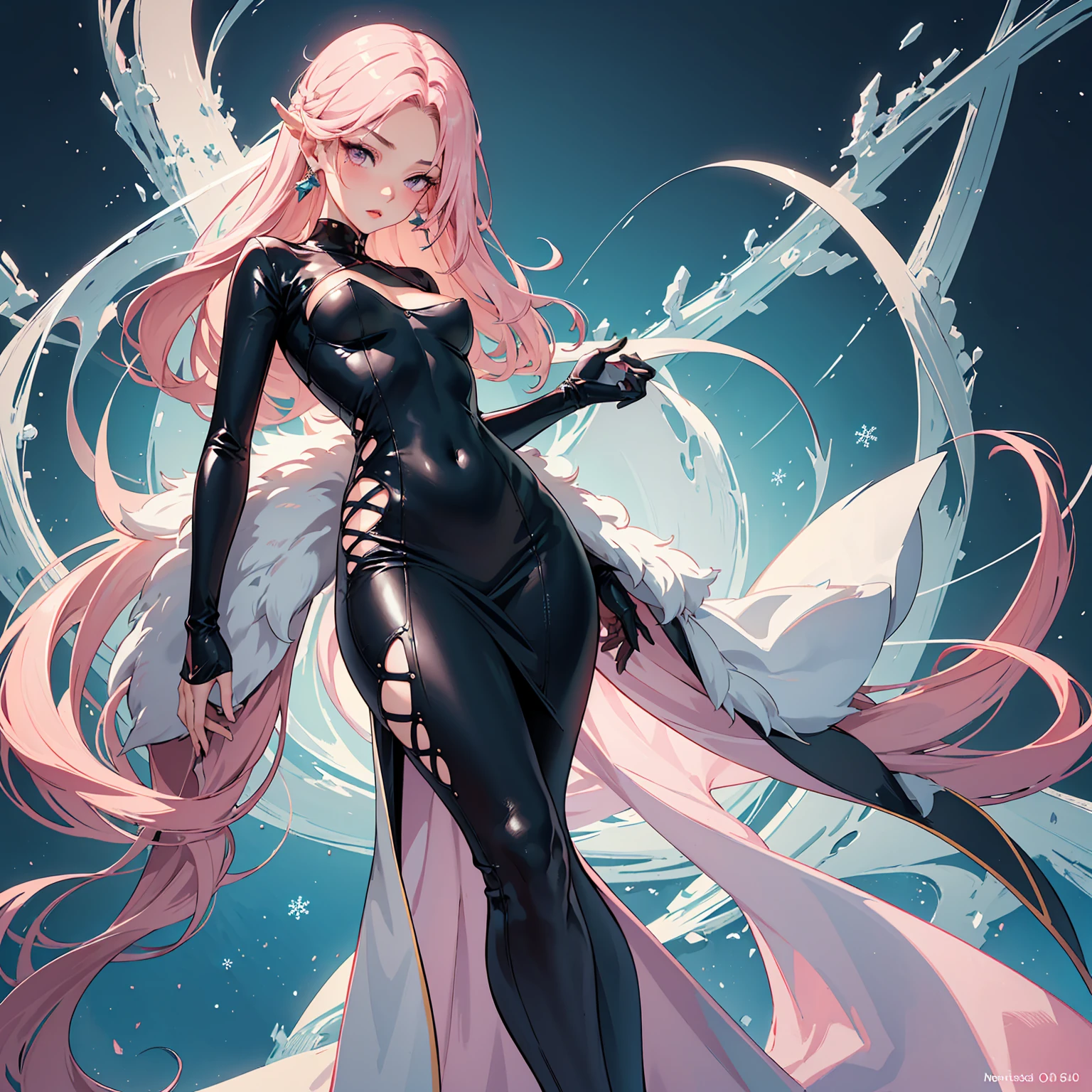 (1girl, full body, standing, seductive pose, masterpiece, Super exquisite illustrations, best quality, light particles, Super detailed, 8k wallpaper,), ((breasts type: , Small breasts, often with a proportionally small areola and nipple)), (wearing (Faux leather shift dress)), (Winter theme, inside), Eyes: Large, almond-shaped, dark brown, Nose: Small and straight, Lips: Medium, natural pink, Hair: Long, straight, black, Skin Tone: Fair with a neutral undertone, Eyebrows: Thin and gently arched, Cheekbones: Soft and rounded, Chin: Rounded, Ears: Small and close to the head, Expression: Serene and graceful
