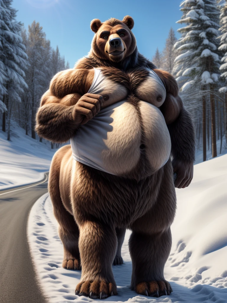 furry, fur taur, beartaur, middle-age, solo,1man, tanktop, detailed face, bear ears, bear eyes(brown), bear nose(black), bear mouth, beard(grey), mature hair(grey), detailed arms, thick arms, muscular, thick hands(5 fingers), detailed body belly, thick body, muscle belly(white), thick chest, chest hair(white), nipples, detailed taur body, thick taur body, thick bear paws, thick bear tail, full body shot, winter, snow, standing on the road