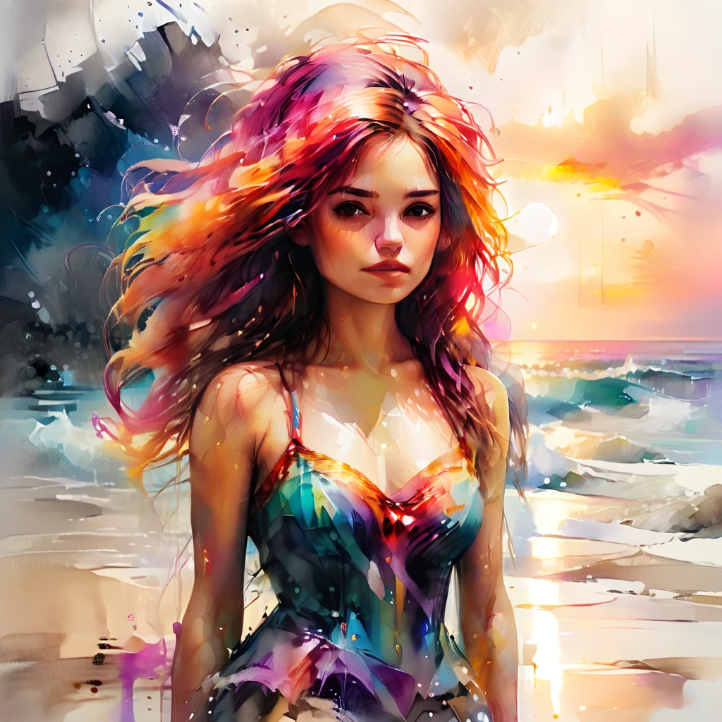 An award winning high resolution photograph of a woman inset in a watercolor painting of a beach sunset. the photograph is crystal clear, perfect focus, 8k, volumetric lighting, The beautiful girl in the photo has thick flowing hair in a range of vibrant colours. As these colours fly out from her hair they become the brushstrokes of the painting. colorsplash