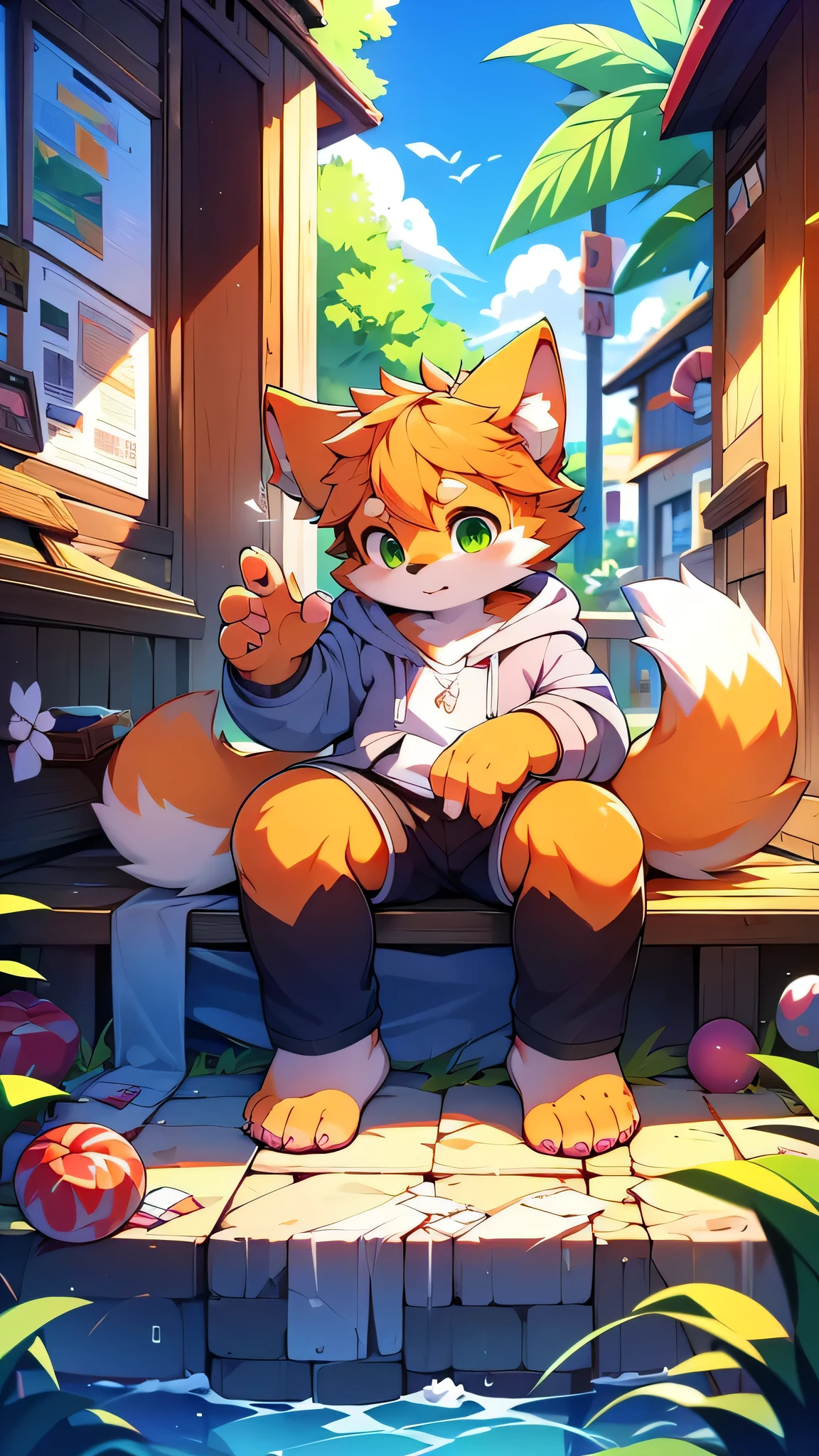 Furry,Fox,boy,8k resolution,最High resolution, High resolution,Wearing a hoodie,Green Eyes,summer,sit,Two legs,Five fingers of the hand,5 toes,expensive,:expensive stature,fit,Moderate,standard,(Candy Street: 1.1)Detailed Background 1 person,Hairy,Very detailed:1.0,broken,Ocean