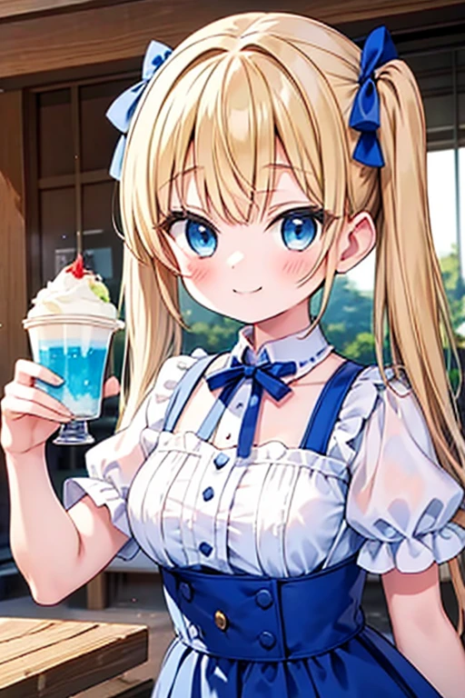 Blonde with blue eyes、Lolita、Small breasts、Twin tails、Girl Brat,Eating a large shaved ice,smile,
