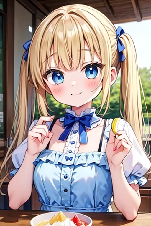 Blonde with blue eyes、Lolita、Small breasts、Twin tails、Girl Brat,Eating a large shaved ice,smile,