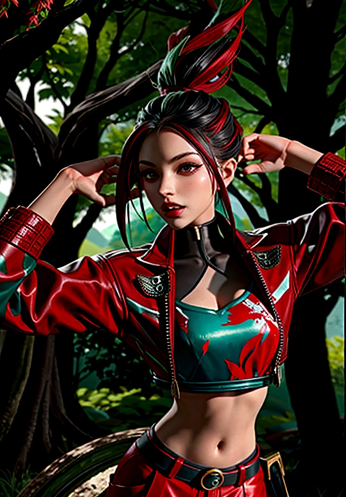 Akali in the forest on a pose . red Clothing design , patterns and blood on the face, Akali haircut, highly detailed photos . 8K
