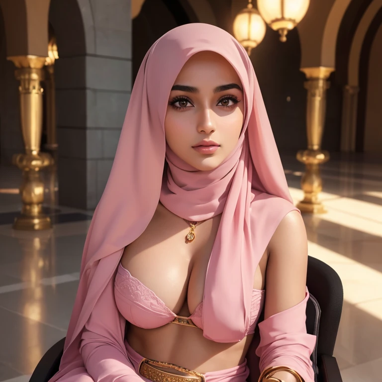 A beautiful 17 years old Arabian girl, 1girl, detailed face, sharp nose, thin lips, circle face, skinny hands and legs, tight bra, huge breasts, off shoulder, wearing hijab, golden bangles, bracelets, necklaces, swiss polo watch, sitting on wheelchair, Burj khalifa in the background, detailed squinting eyes, detailed horny face, photo-realistic, 8k, high quality, cinematic lighting, dramatic shadows, vivid colors, fashion portrait