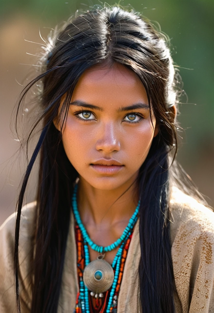 I want you to create a delicate and beautiful character. She is a 24-year-old young woman with characteristics typical of the Apache people. Her long, straight black hair frames a face with the tanned skin common among her people. Her light blue eyes contrast with her skin color, creating a piercing and expressive look. She wears traditional clothing from her tribe, made from animal skin, and her face is covered in dirt.