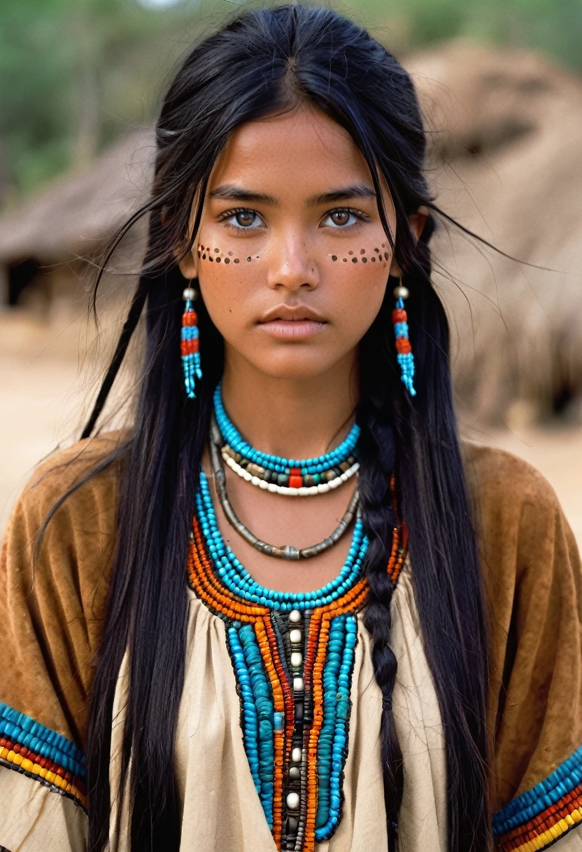 I want you to create a delicate and beautiful character. She is a 24-year-old young woman with characteristics typical of the Apache people. Her long, straight black hair frames a face with the tanned skin common among her people. Her light blue eyes contrast with her skin color, creating a piercing and expressive look. She wears traditional clothing from her tribe, made from animal skin, and her face is covered in dirt.