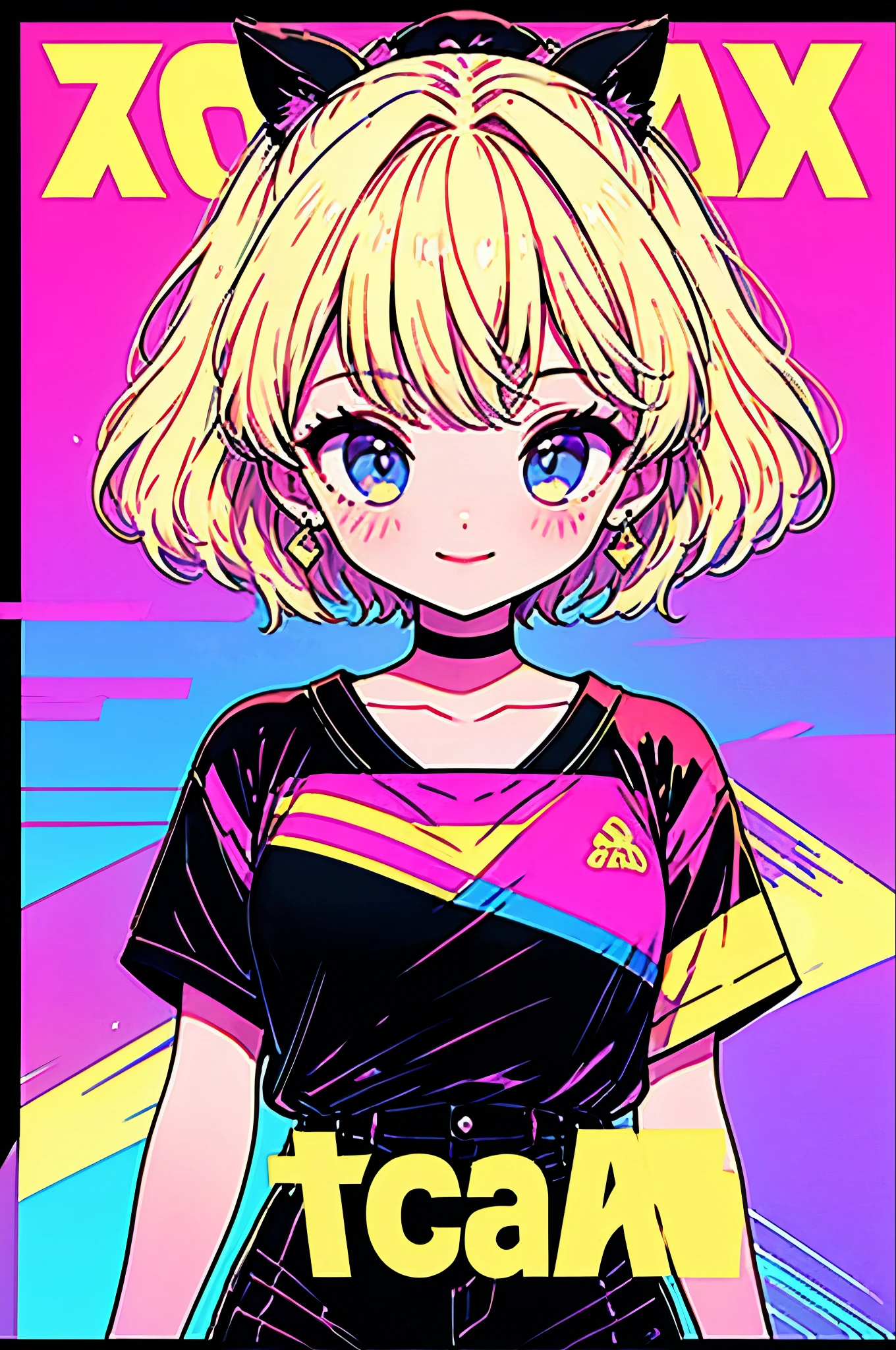 Highest quality,smile,woman,woman1人,cute,Short Bob,Blonde,Light blue eyes, Black T-shirt,Black shorts,Earrings,Black choker, Pink background,