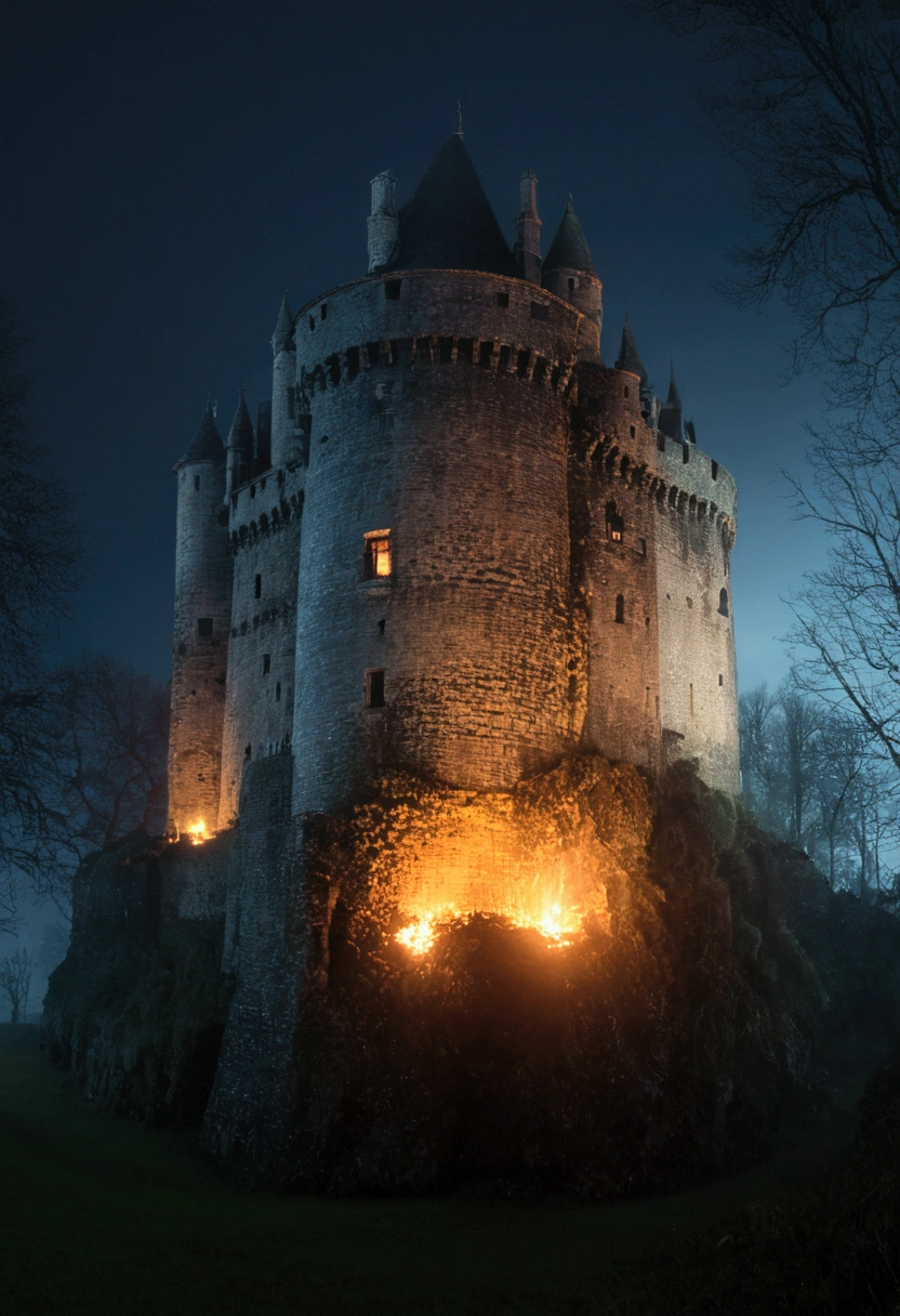 An island in the center along the edges a dark forest in the center a huge castle in the Dark fantasy style, night, , everything is gloomy, a huge dark castle with burning windows