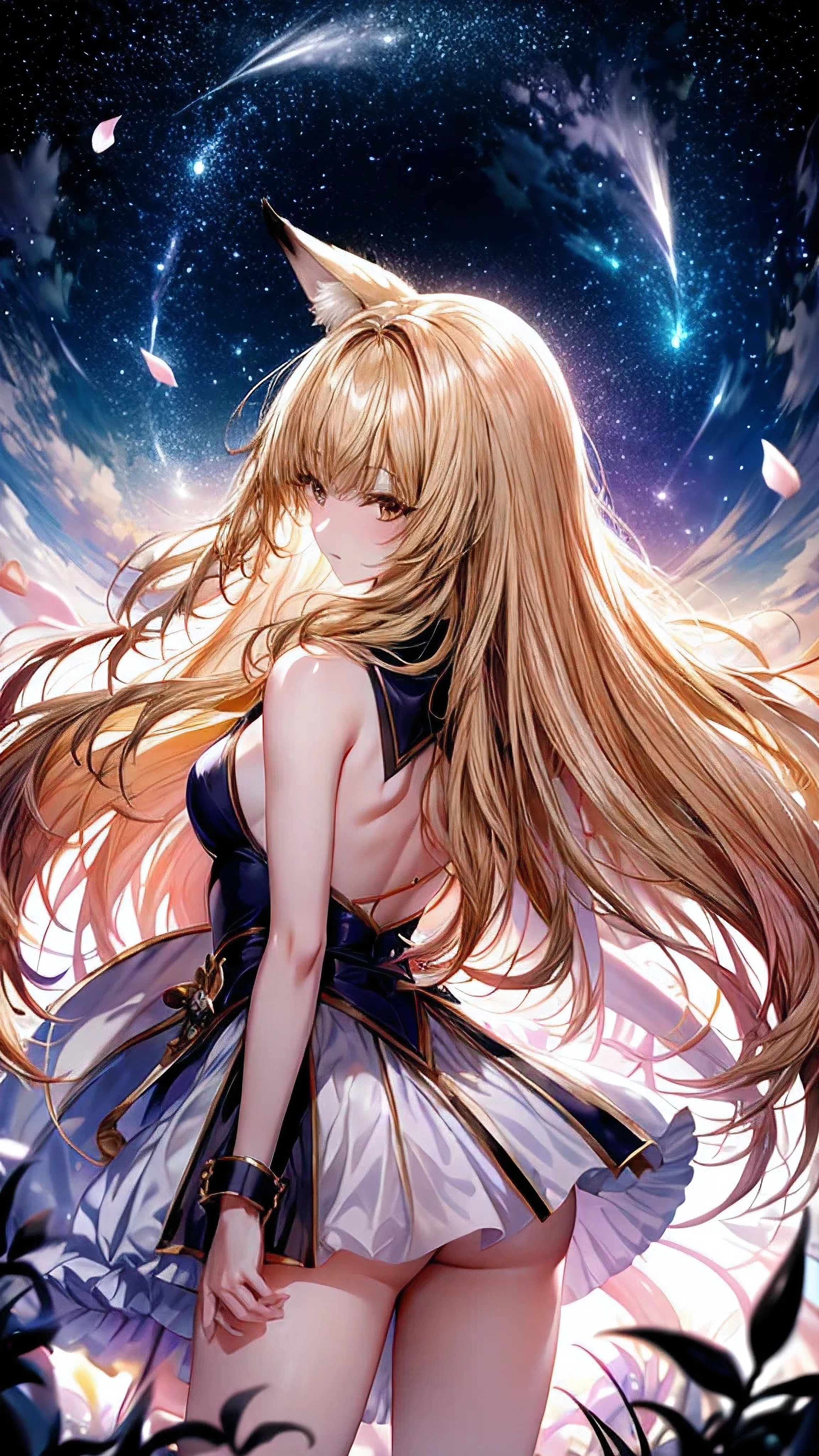 1people々々々々々々々々々,Woman with medium length blonde hair,Fox Ears,Long coat,Takageta, Dress Silhouette, Rear View,Space Sky, Flower Field,Colorful flowers,Dancing Petals,