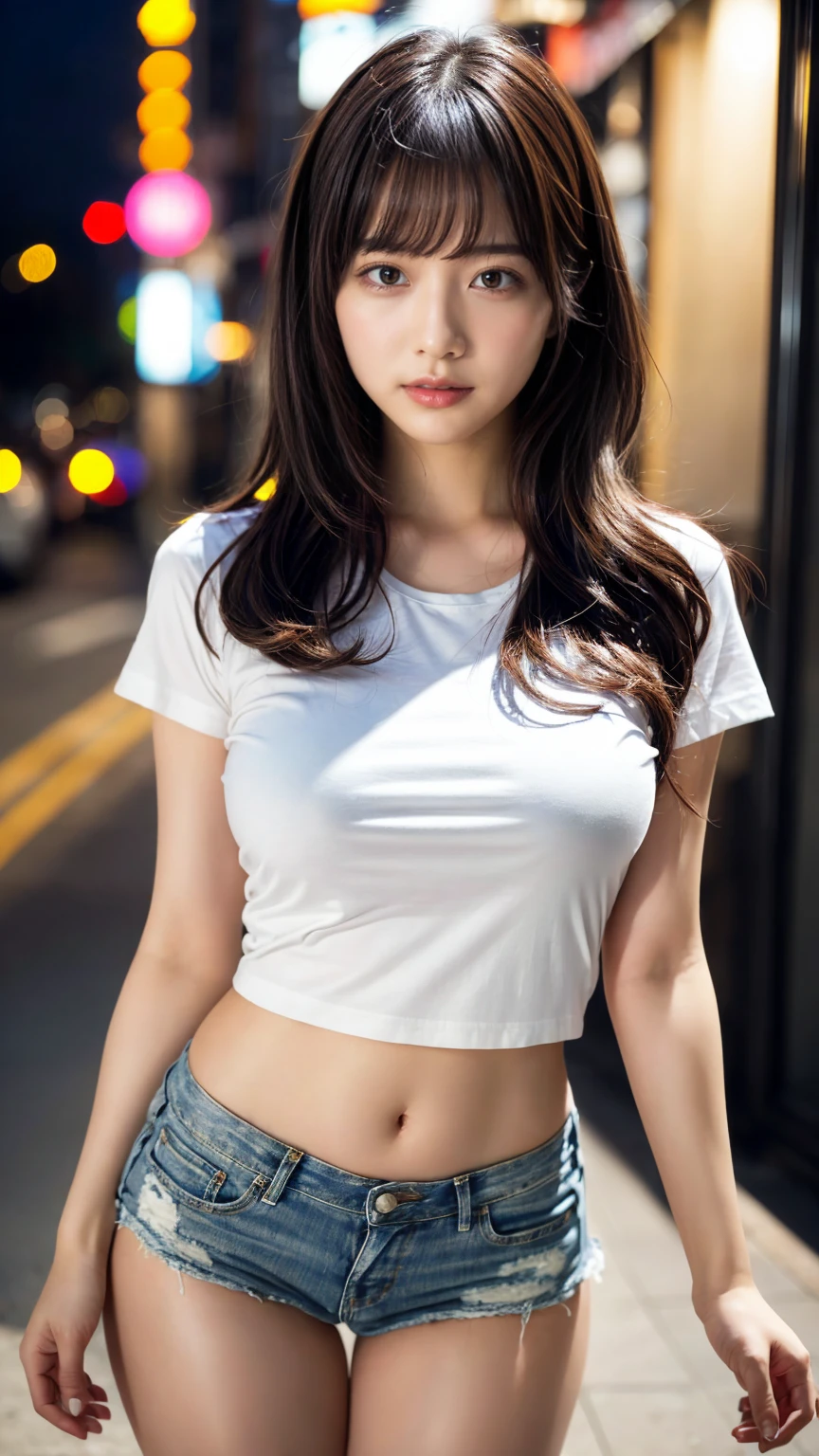 ((Midnight, Best quality, 8k, Masterpiece :1.3)), Whole body, Long legs, Sharp focus :1.2, A pretty woman with perfect figure :1.4, Slender abs :1.1, ((Dark brown hair, Big breasts :1.2)), (White tight tshirt, pink pants, Standing:1.2), ((Night city view, Rooftop:1.3)), Highly detailed face and skin texture, Detailed eyes, Double eyelid, mole on left cheek