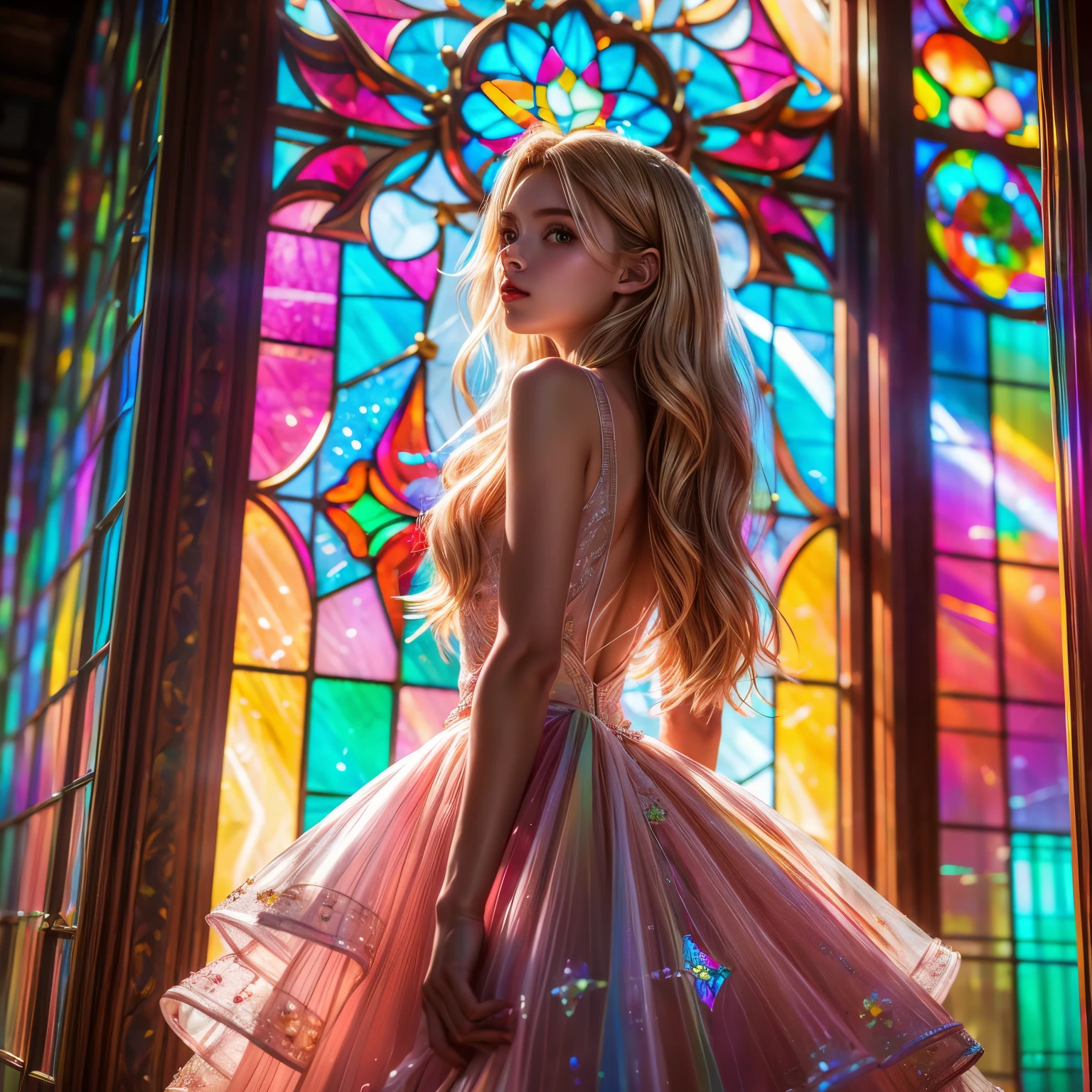 RubyRed (ZoomedOut:1.28) ZoomLayer, TopQuality 8K masterpiece of ((Professional photo)), (((Clarisse de Cagliostro))) (Detailed Delicate White WeddingDresses), Chain, Extremely detailed (KAWAII face) {(VeiledFace)|BlondeHair|(Spanking BuleEyes)}, The background is distant ((Elaborate PrimaryColors stained glass)) Rainbow Glass, MysticSight, GodRays, Radiant PearlSkin with Transparency, (Exposed:0.38)