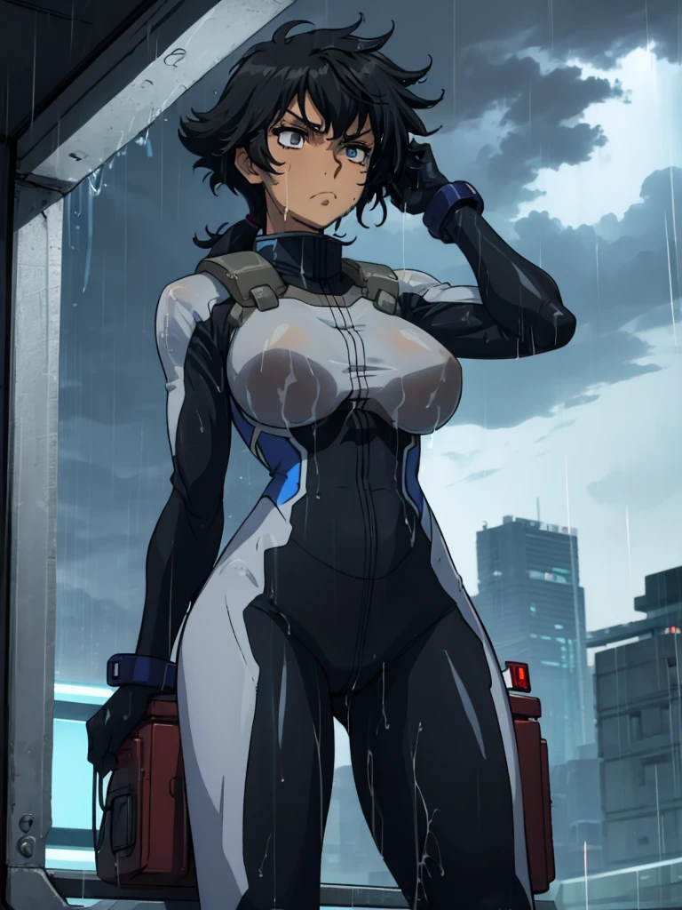 closed mouth, (16 years old), ((1girl)), ((((solo))), (((alone))), (((genderbend))), (((female))), wide hips, thick thighs, huge breast, narrow waist, 1st pilotsuit, ((prostitute)) 1st skin tight bodysuit, cockpit, monitor, ((anime artstyle)), long eyelashes, (long black hair), (((raining))), (((storm))), (((at night))), (((wet))), in the dark