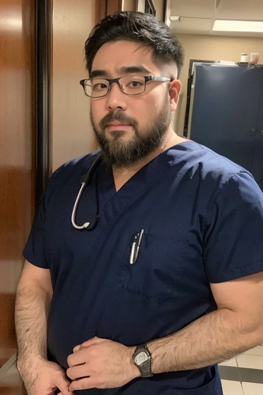 male, alone, ((Yossan)), beard, Glasses, Are fat, (male性看護師), Short sleeve, (Medical scrub), Navy blue scrub, Stylish scrubs, Dark blue costume, Photo Name Plate, Stethoscope, Medical equipment, Bright corridor, Hospital corridor, Wide aisle, Smart Watches, Are standing, 