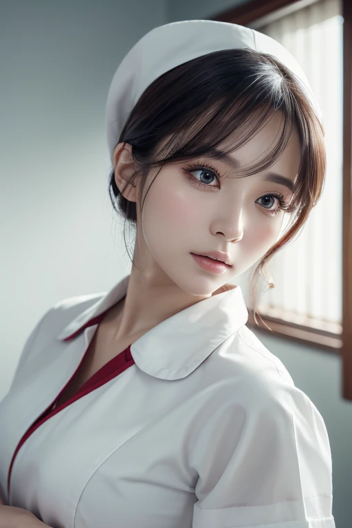 (Highest quality、masterpiece、8k))、Anatomically correct、Very detailed、High resolution、Realistic、((Beautiful, sparkling, detailed eyes))、Intricate details、Cinematic lighting、((Dynamic composition))、Nurse Kitten、Big head、Hospital room,We will measure your temperature