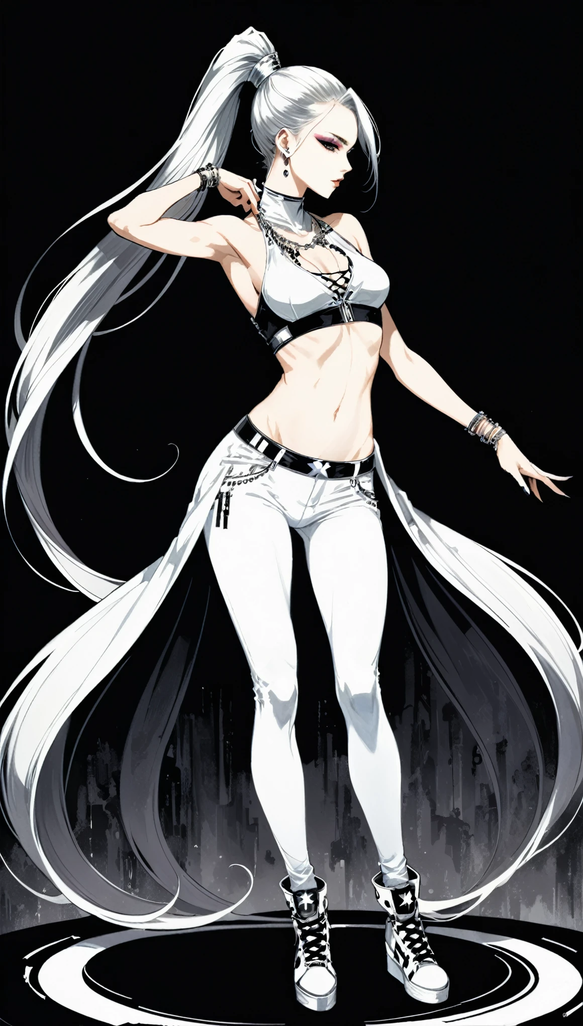 (in style of Harry Clarke:0.4),in style of Santiago Caruso,in style of Mike Azevedo,1girl,Sexy hip-hop style clothing,Dynamic poses,Hip-hop pose,superstar,High Ponytail,Unbelievably long hair,Self-luminous,A dominant high-contrast proposition