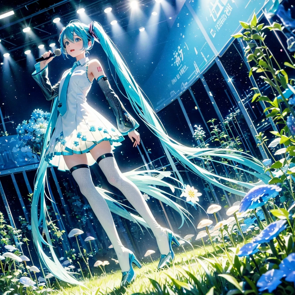 The image is of Hatsune Miku singing in a sparkling blue forest.。The background is dotted with glowing mushrooms and glowing plants.、Small particles of light are dancing around Miku.。The costumes are designed with forest elements.、Leaves and flowers are accented。The sunlight from the sky shines on her like a spotlight。Wearing a light blue dress。