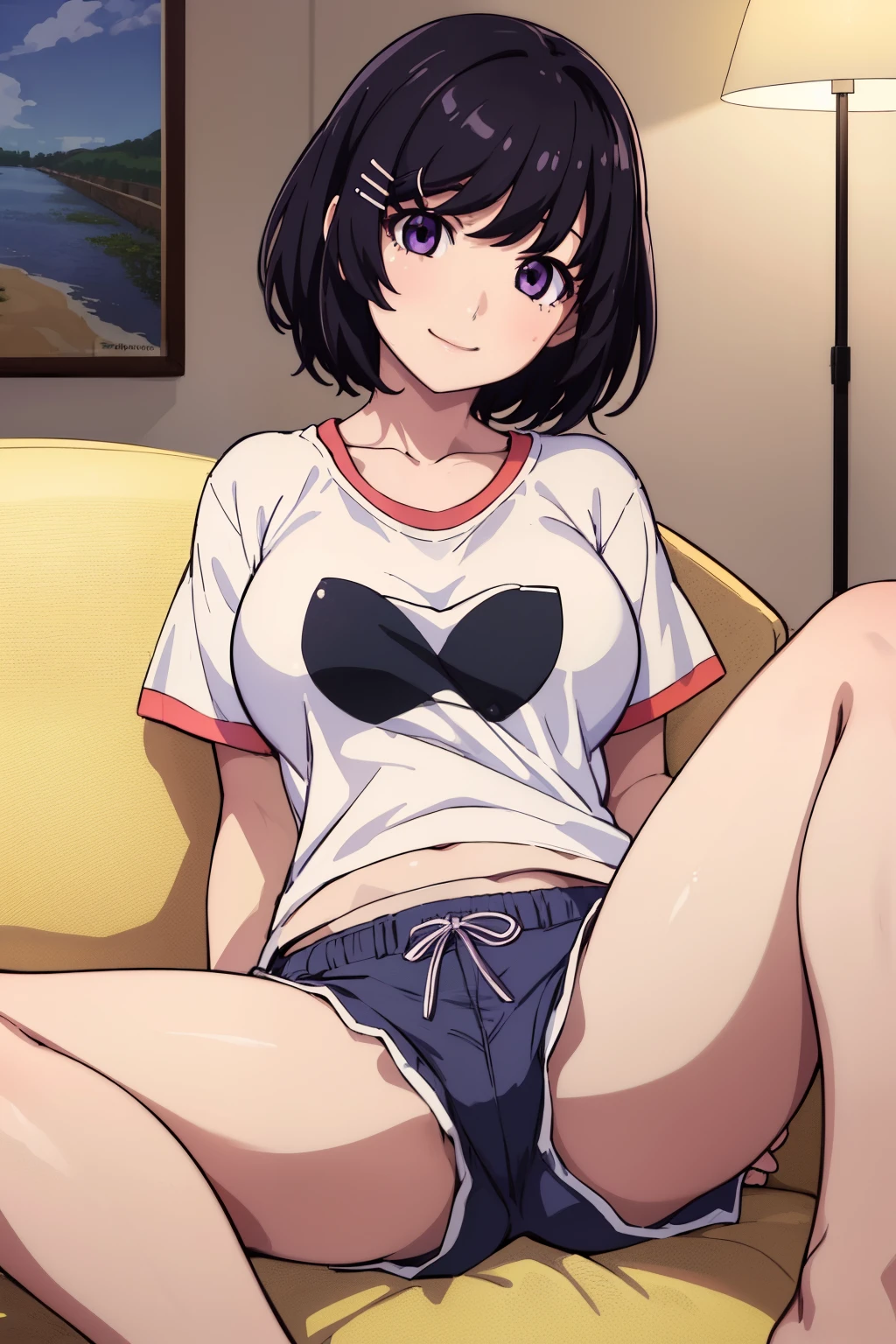 (masterpiece), (Highest quality), (High resolution), (detailed),(Hanekawa) One girl, Purple eyes, Black Hair, hort hair, Hair Clip, View your viewers, smile, Large Breasts, t-shirt, dolphin shorts, sit sofa, spread legs, dutch angle, indoors, living room, on the couch,