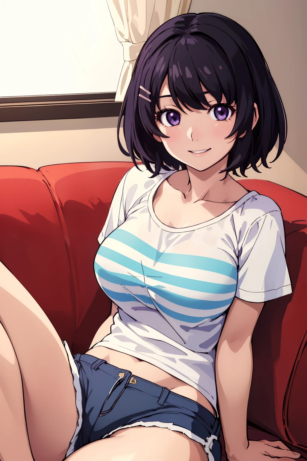 (masterpiece), (Highest quality), (High resolution), (detailed),(Hanekawa) One girl, Purple eyes, Black Hair, hort hair, Hair Clip, View your viewers, smile, Large Breasts, striped t-shirt, dolphin shorts, sit sofa, spread legs, dutch angle, indoors, living room, on the couch,