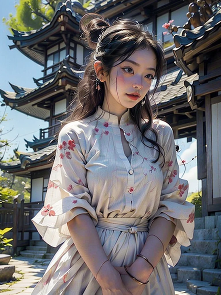 ### Physical Profile of Ukiyo-e Painting
**theme:** cherry trees, mount fuji, pagoda
**Dimensions:**
- **Height:** 39 cm
- **Length:** 26 cm
**materials:**
- **paper:** paper washi de alta qualidade, Known for its durability and smooth texture.
- **inks:** inks à base de pigmentos naturais, providing vibrant, long-lasting colors.
**Visual Description:**
- **fund:** O mount fuji majestoso domina o fundo da pintura, with its snow-covered peak contrasting with the clear blue sky.
- **sky:** The sky is punctuated by delicate clouds, suggesting a gentle breeze.
- **cherry trees:** Em primeiro plano, there are cherry trees in full bloom, with pink petals falling softly. The trees are represented in detail, with winding branches and delicate flowers.
- **pagoda:** A traditional Japanese pagoda is situated to the right of the painting, partially hidden among the cherry trees. Its red and gold colors stand out against the green of the leaves and the pink of the flowers..
- **people:** Small human figures in traditional clothing can be seen around the pagoda and cherry trees, some admiring the landscape, others interacting with each other.
- **detaileds:** The use of fine, precise lines, characteristics of the Ukiyo-e style, highlights the outlines of trees, of the pagoda and human figures. Subtle shading and use of color gradients add depth and dimension to the painting.
**artist signature:**
- The artist's signature is located in the bottom left corner, in kanji characters, followed by a characteristic red seal.
**picture frame:**
- **material:** Cherry wood, polished and varnished.
- **styled:** simple and elegant, complementing the traditional painting aesthetic without distracting the eye.
This profile describes an Ukiyo-e painting that combines iconic natural and architectural elements of Japan, capturando a beleza efêmera das cerejeiras em flor e a imponência do mount fuji, all framed by a refined artistic technique.