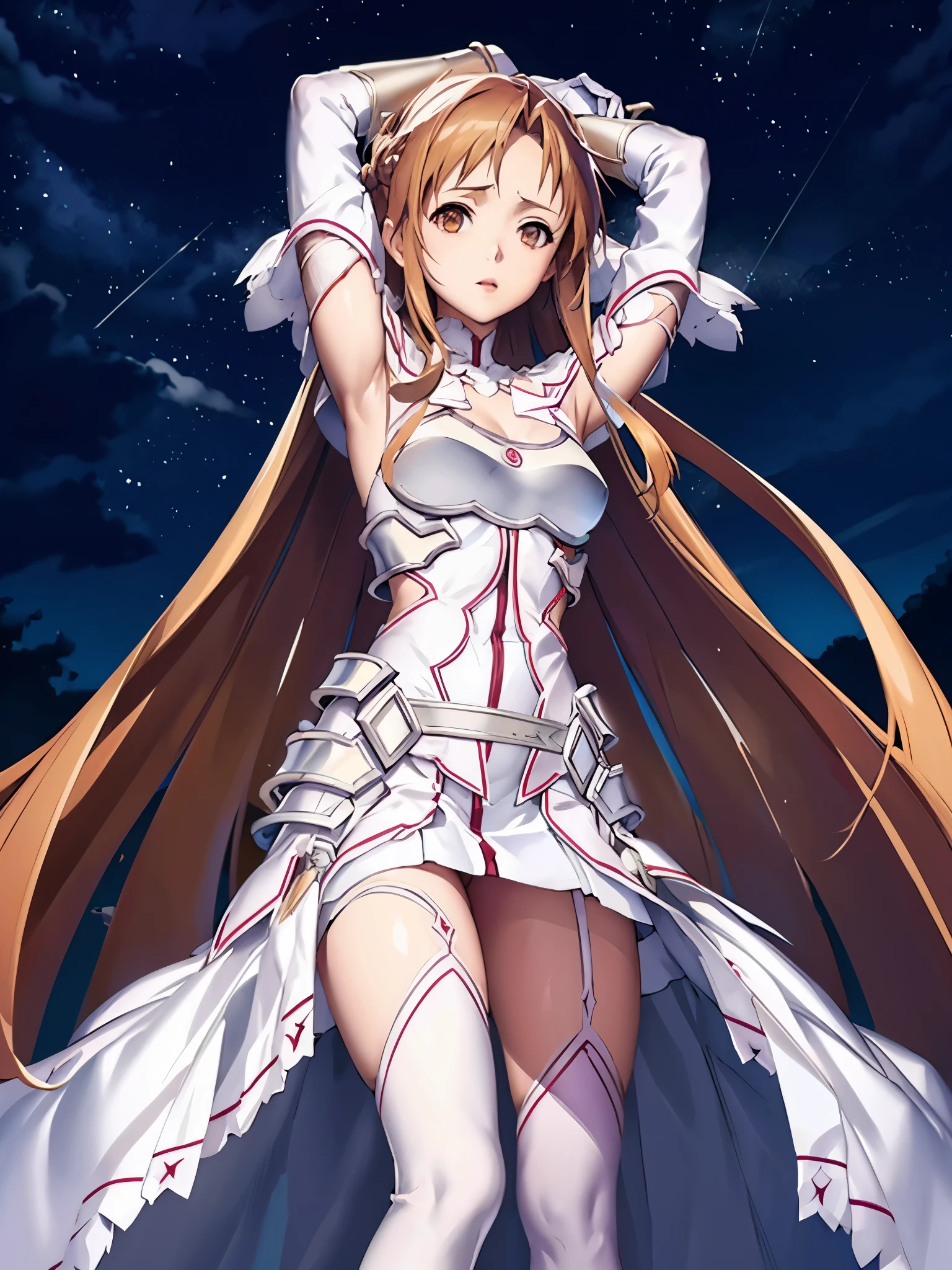 Armpit Show,Stationary, As Yuuki, Asuna, High resolution, Super sharp, 8k, masterpiece, One girl, alone, anime, Highly detailed face, Highly detailed background, Perfect lighting, Long Hair, whole body, View your viewers, bangs, A melancholic look that stirs affection, Brown eyes, Beautiful background, Night Sky, Star-like hair, Knee socks, gloves, dress, Cleavage, Exposing shoulders, very Long Hair, white gloves, white dress, armor, white Knee socks, Garter Straps, white armor, Put your arms behind your back